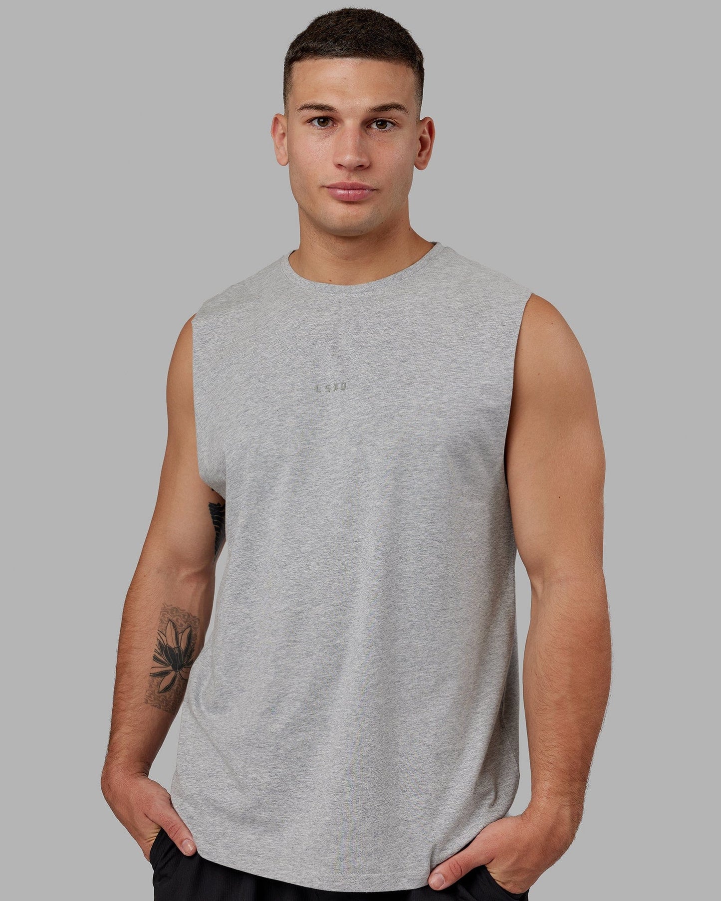 Model wearing Base FLXCotton Tank - Lt Grey Marl