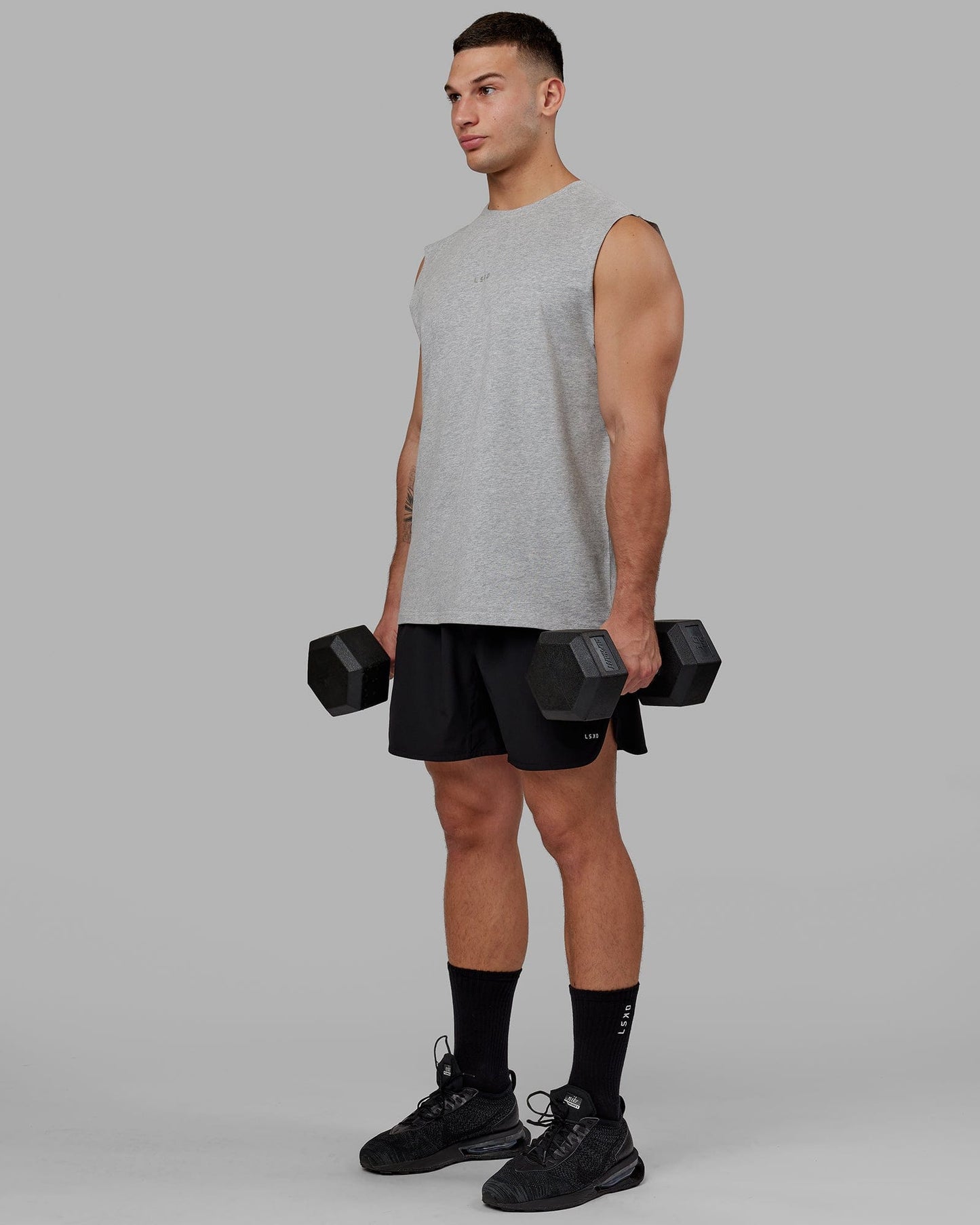 Model wearing Base FLXCotton Tank - Lt Grey Marl