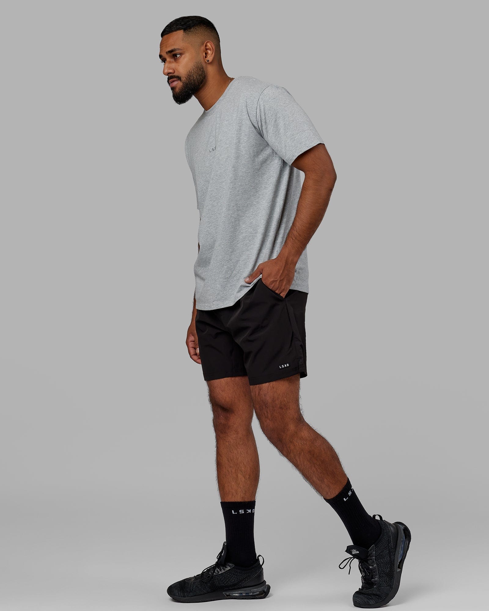 Model wearing Base FLXCotton Tee - Lt Grey Marl