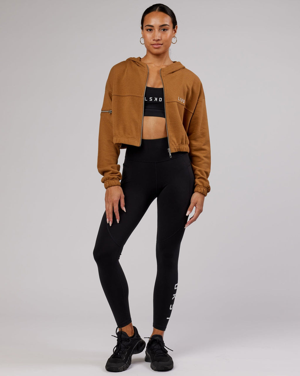 Model wearing Bridge Zip Through Hoodie - Camel