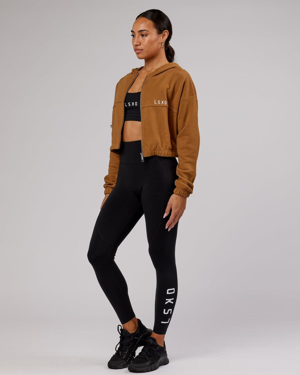 Model wearing Bridge Zip Through Hoodie - Camel