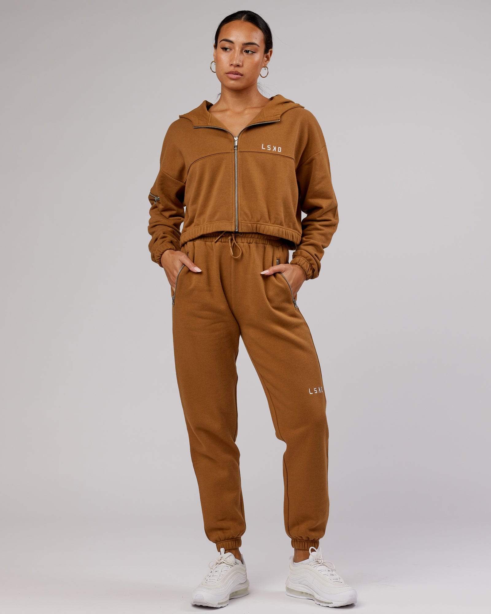 Model wearing Bridge Zip Through Hoodie - Camel