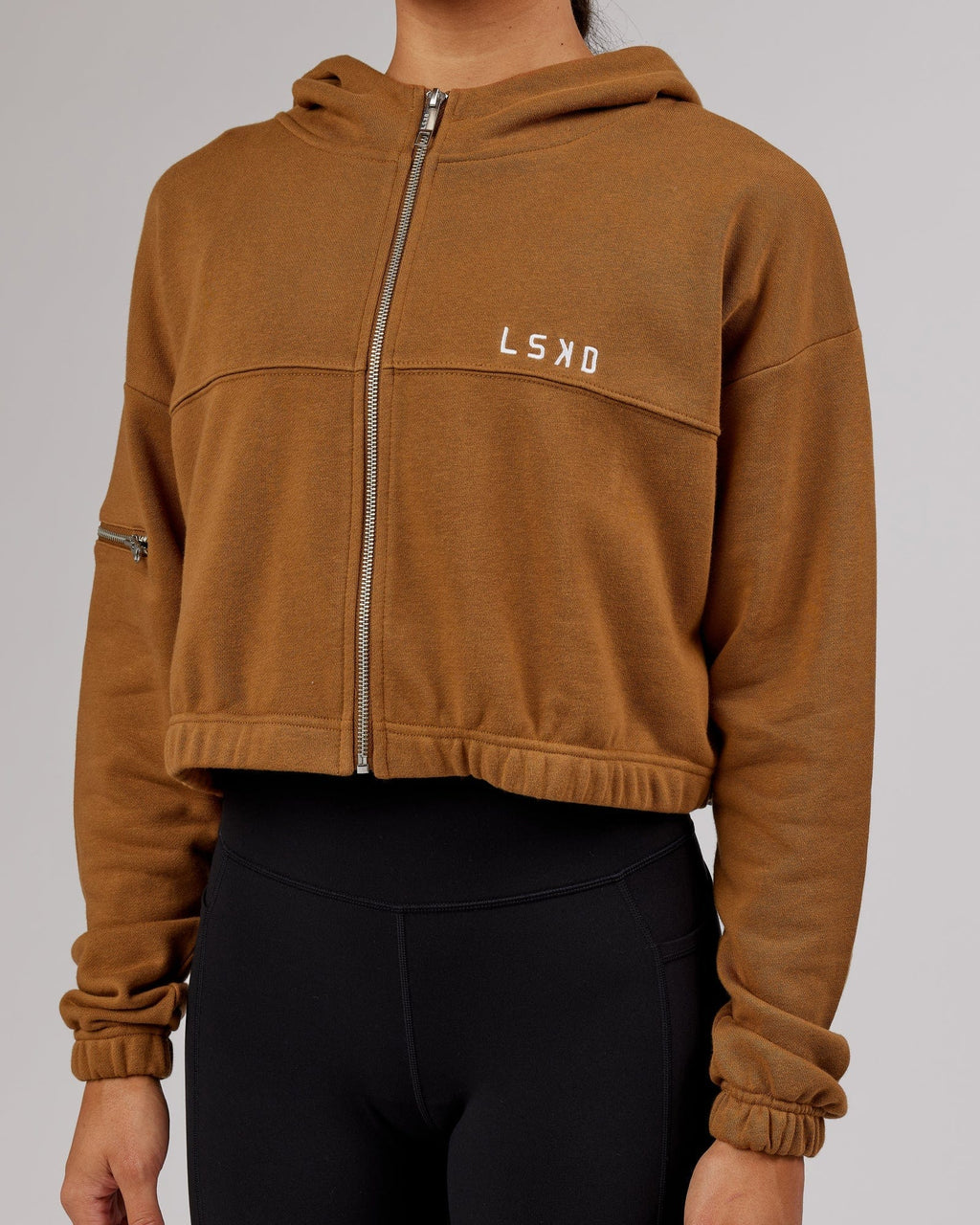 Model wearing Bridge Zip Through Hoodie - Camel