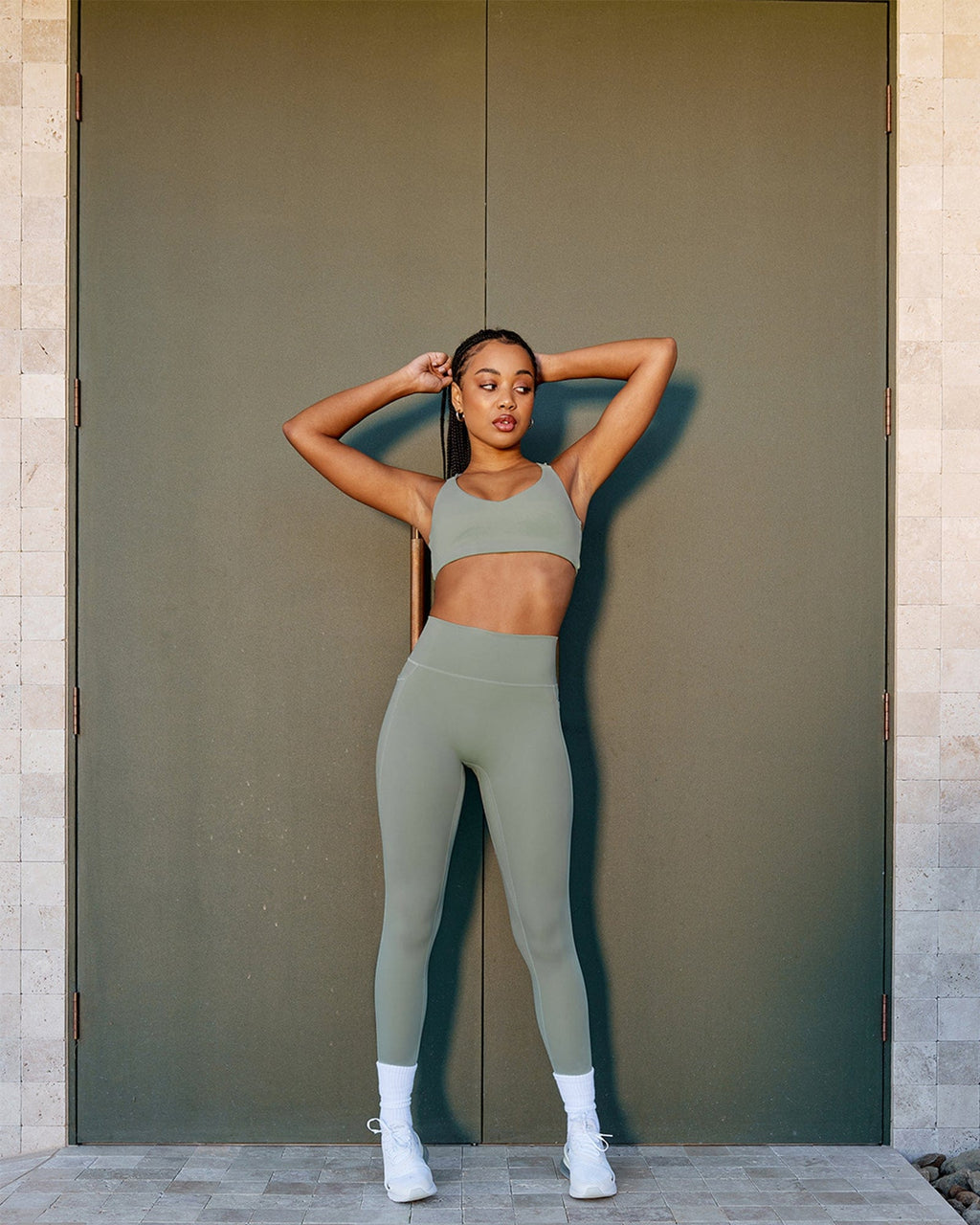 Model wearing Energise Full Length Tight - Sage