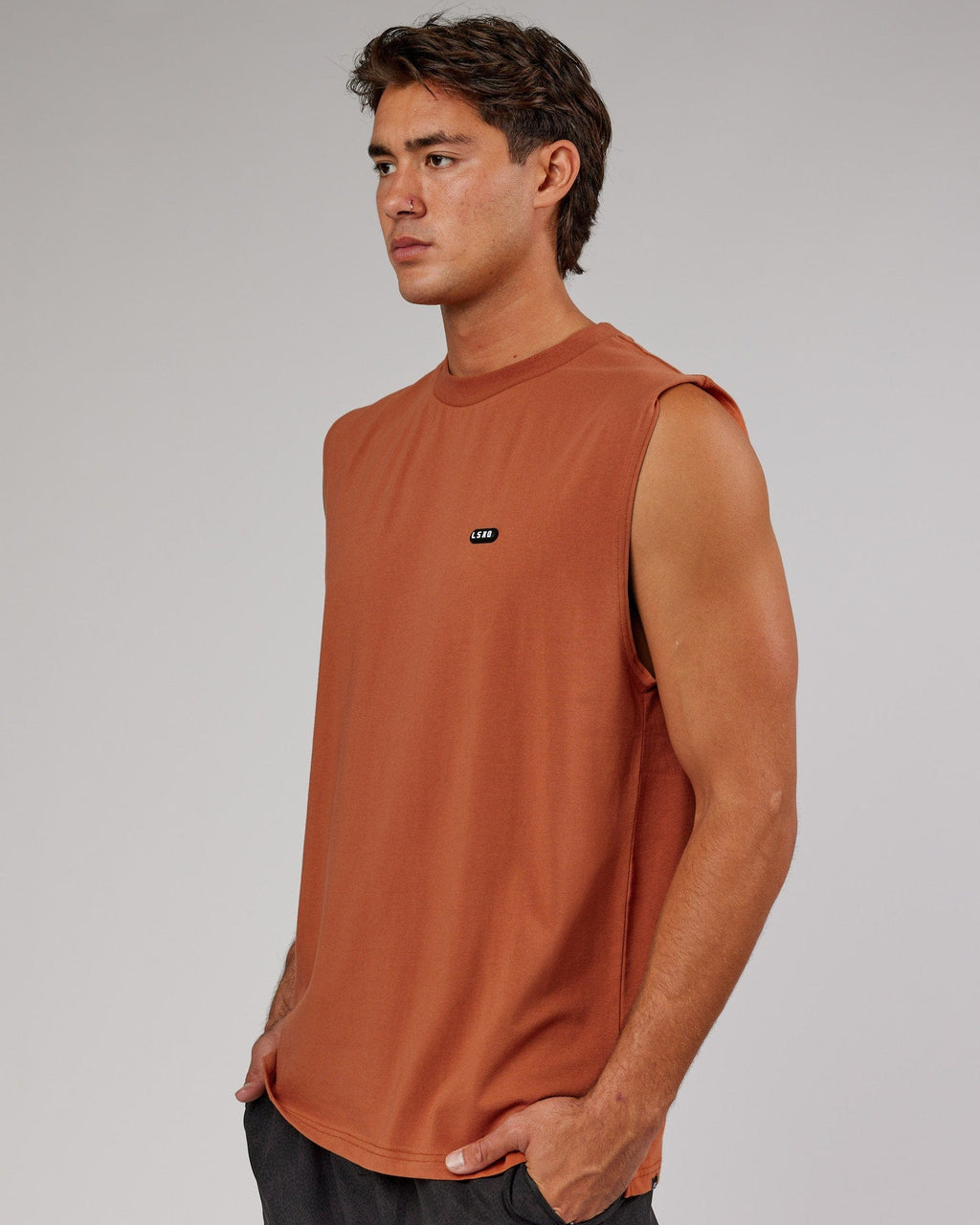 Model wearing Capsule FLXCotton Tank Oversize - Auburn