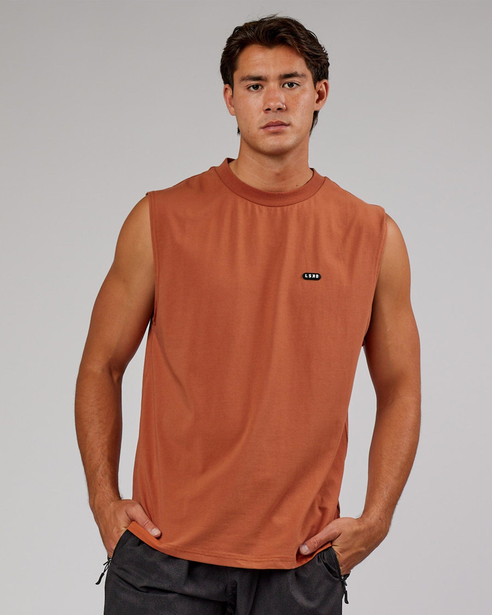 Model wearing Capsule FLXCotton Tank Oversize - Auburn