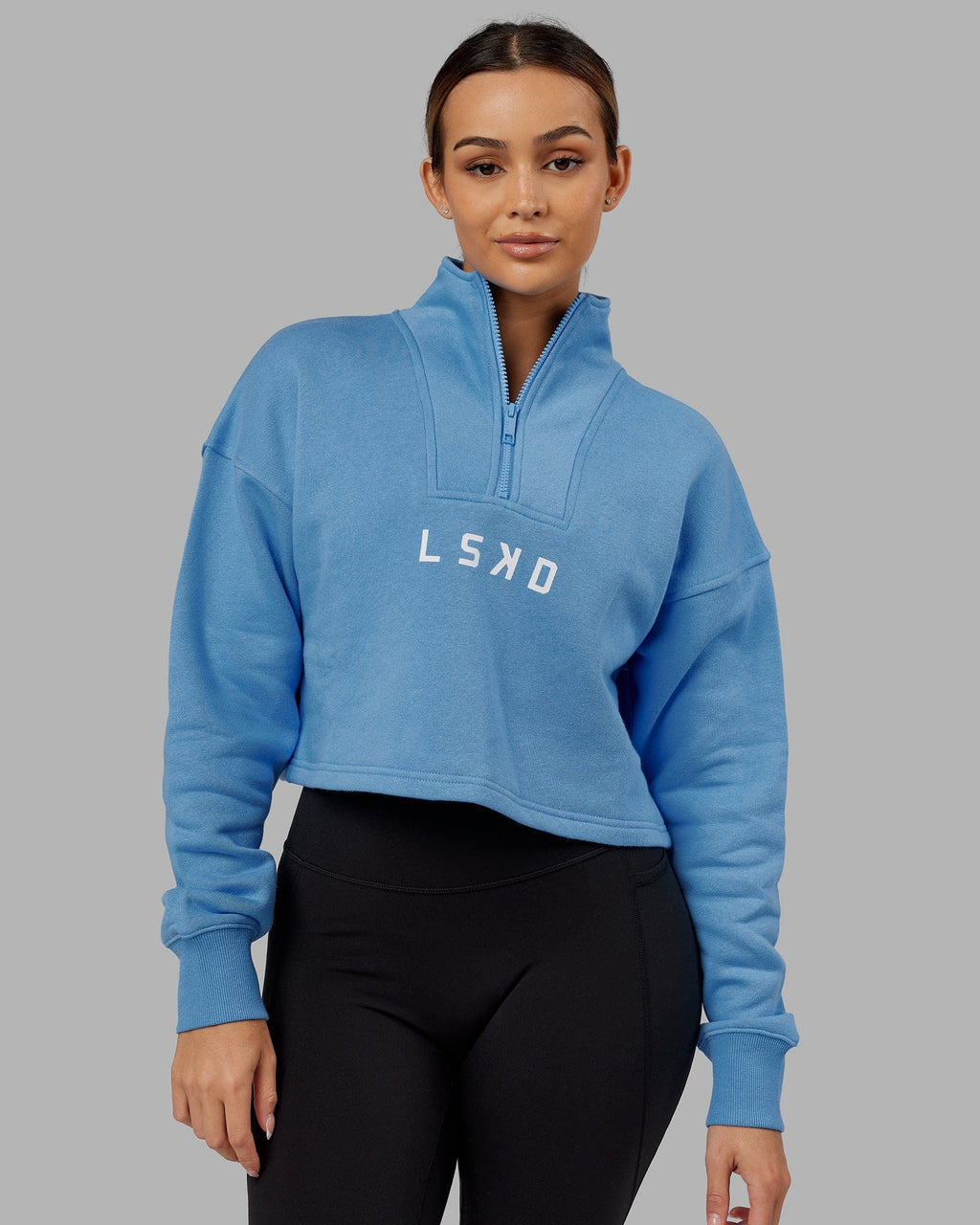 Model wearing Challenger 1/4 Zip Sweater - Azure Blue