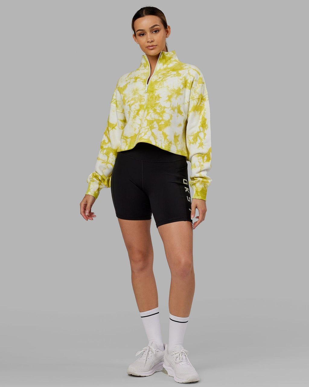 Model wearing Challenger 1/4 Zip Sweater - Citrus Green Tie Dye