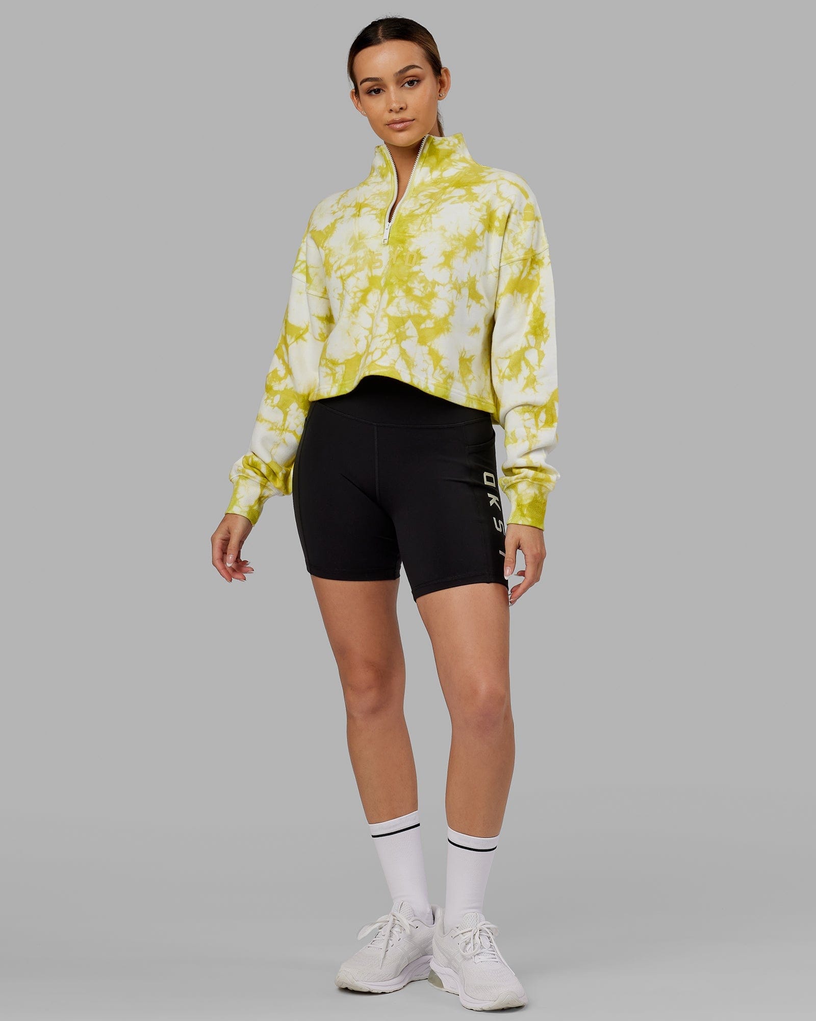 Model wearing Challenger 1/4 Zip Sweater - Citrus Green Tie Dye