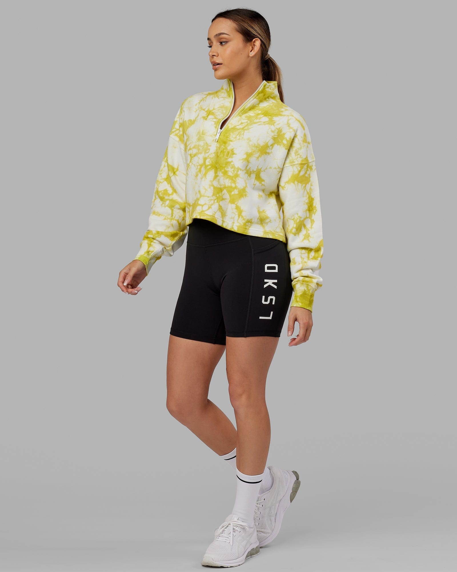 Model wearing Challenger 1/4 Zip Sweater - Citrus Green Tie Dye