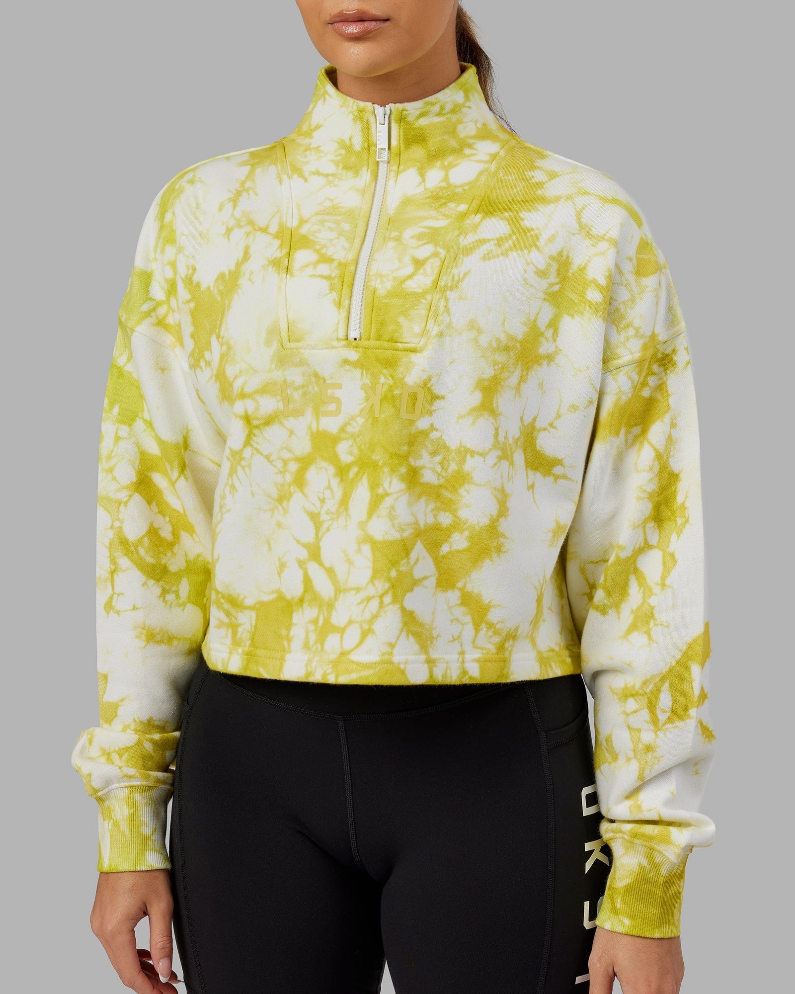 Model wearing Challenger 1/4 Zip Sweater - Citrus Green Tie Dye