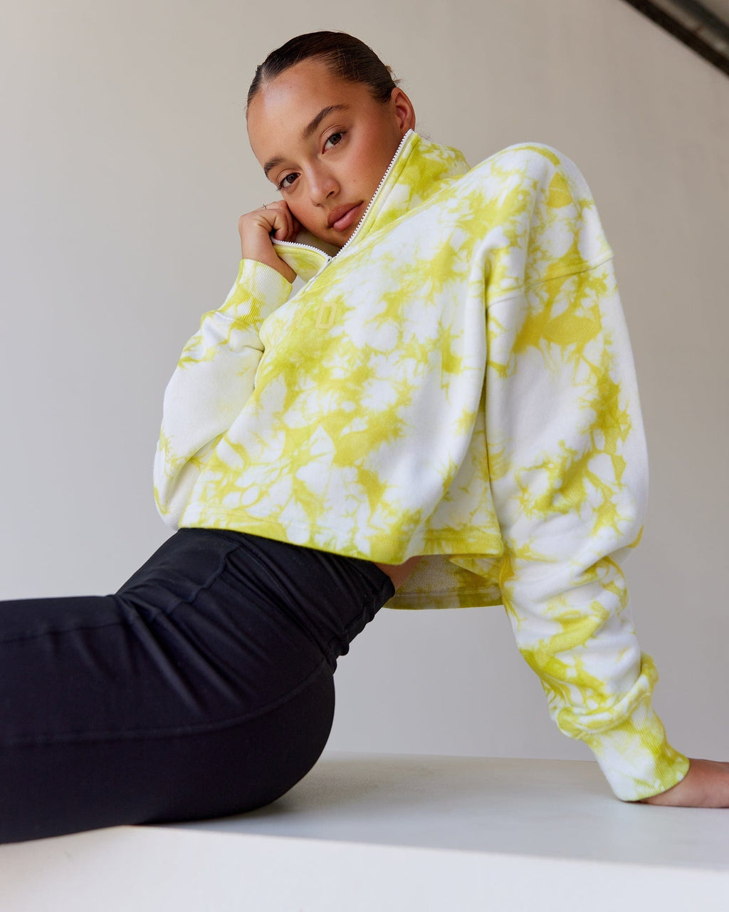 Model wearing Challenger 1/4 Zip Sweater - Citrus Green Tie Dye