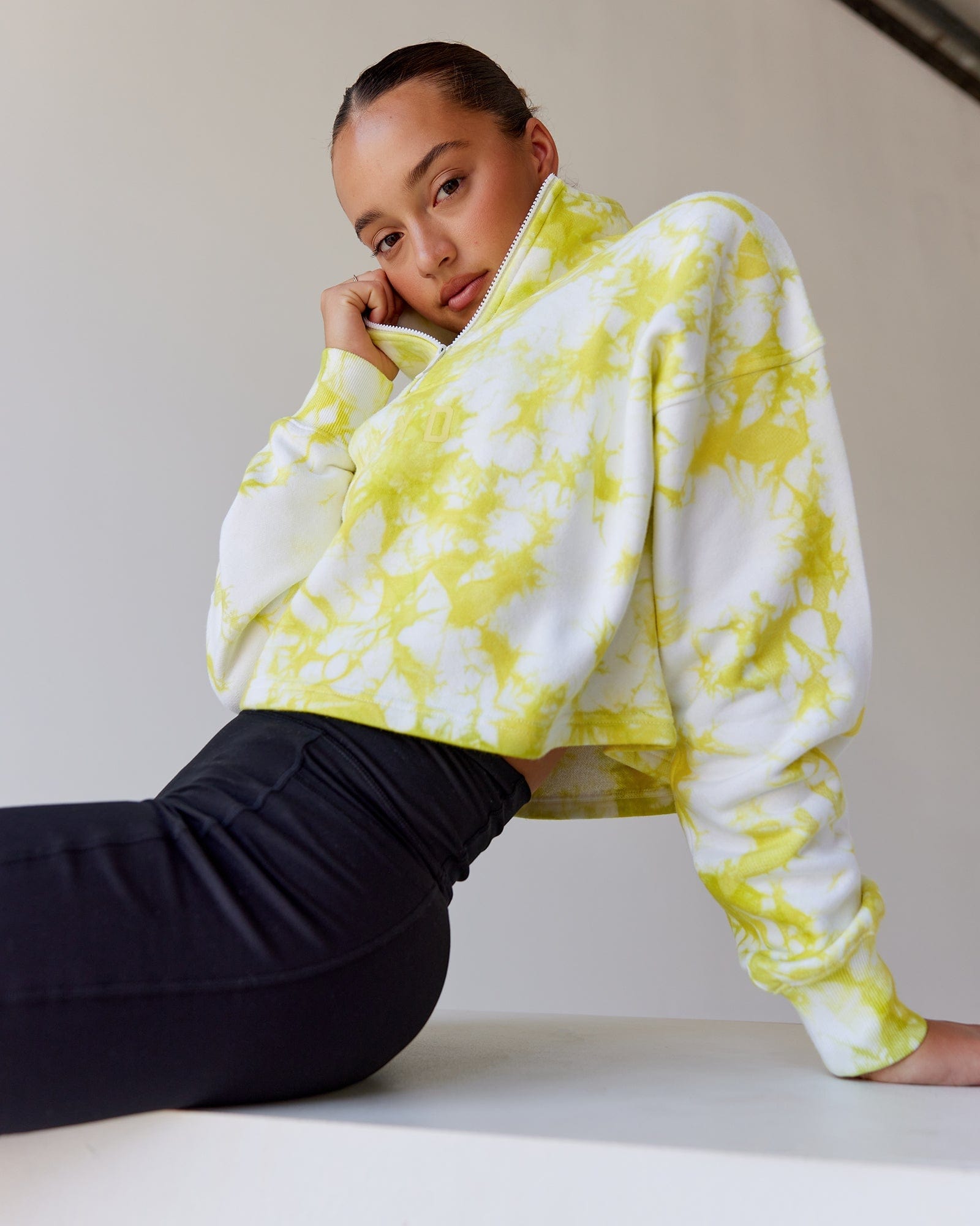 Model wearing Challenger 1/4 Zip Sweater - Citrus Green Tie Dye