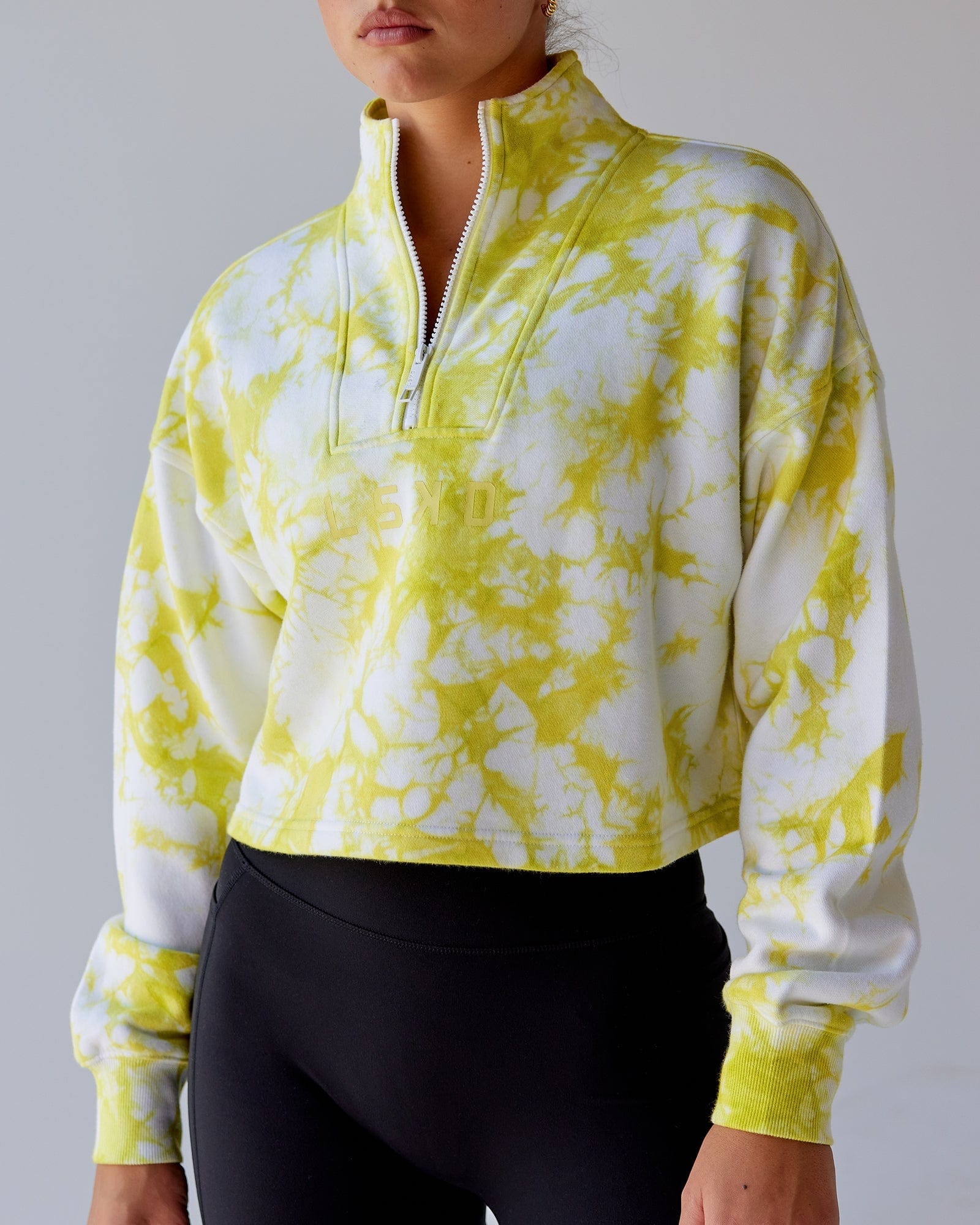 Model wearing Challenger 1/4 Zip Sweater - Citrus Green Tie Dye