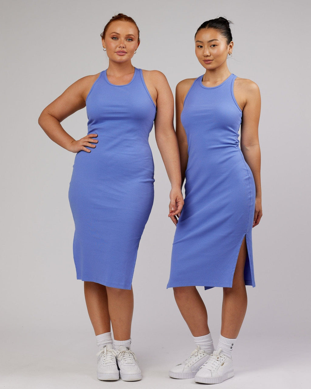 Model wearing Ella Ribbed Tank Dress - Cornflower Blue