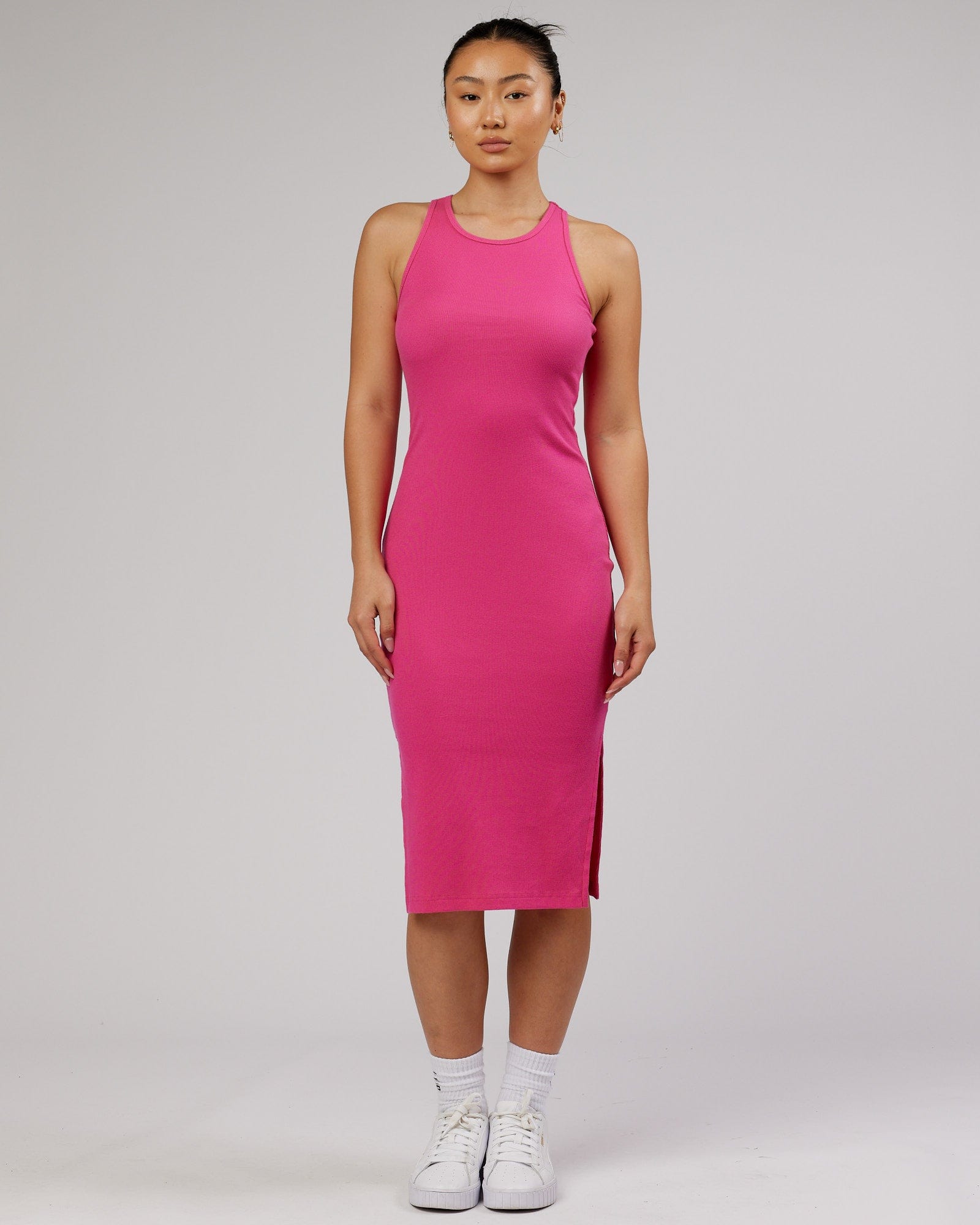 Model wearing Ella Ribbed Tank Dress - Magenta