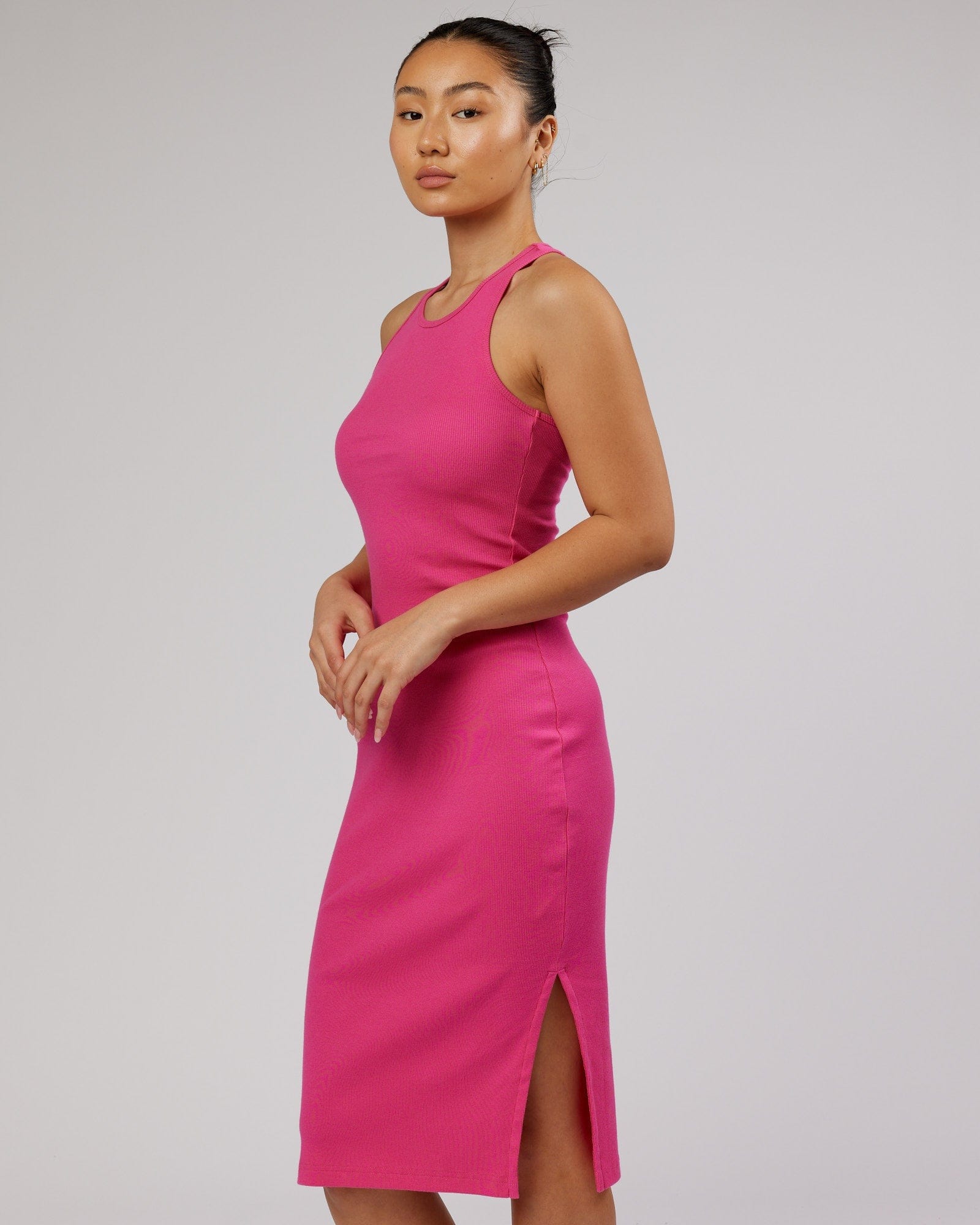 Model wearing Ella Ribbed Tank Dress - Magenta