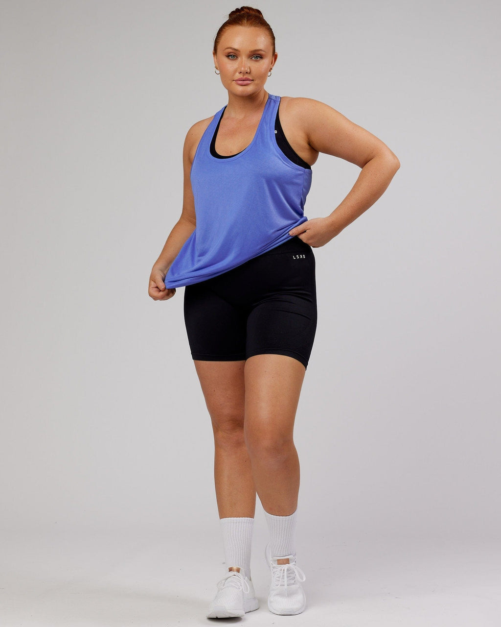 Model wearing Free Throw Tank - Cornflower Blue