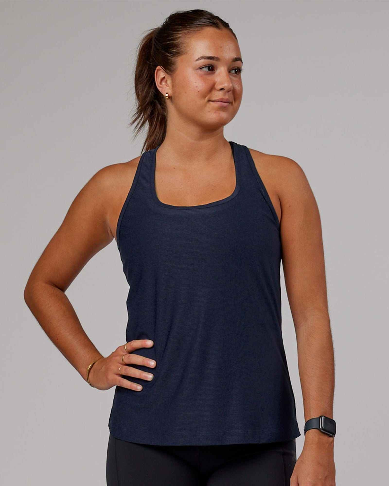 Model wearing Freedom Performance Tank - Navy