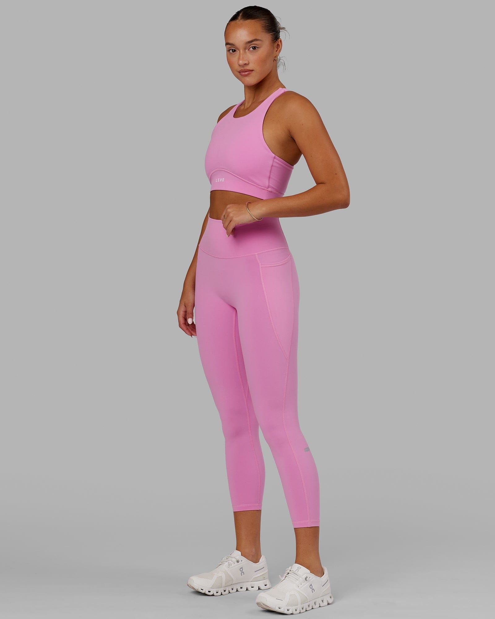 Model wearing Fusion 7/8 Length Tight - Spark Pink