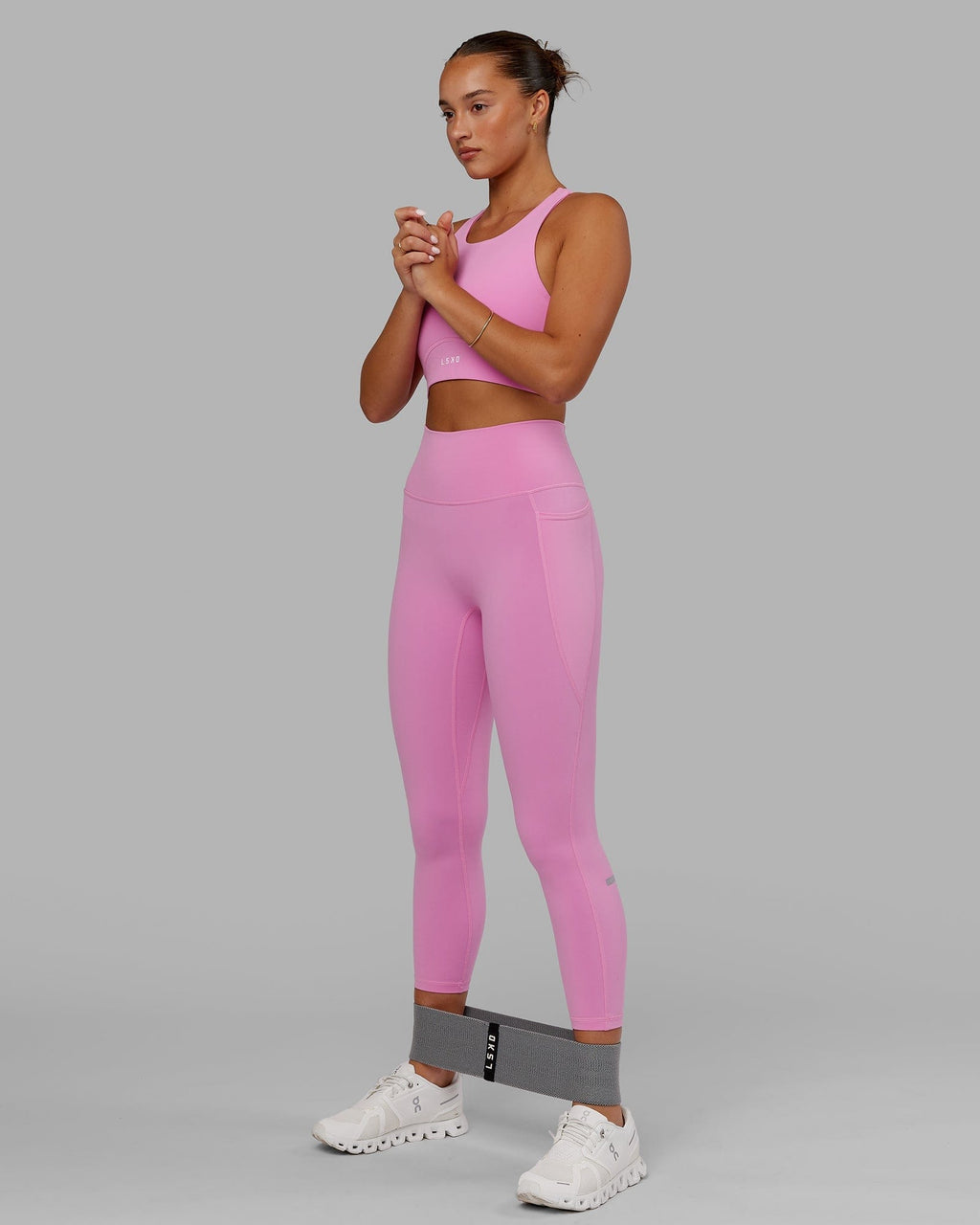 Model wearing Fusion 7/8 Length Tight - Spark Pink