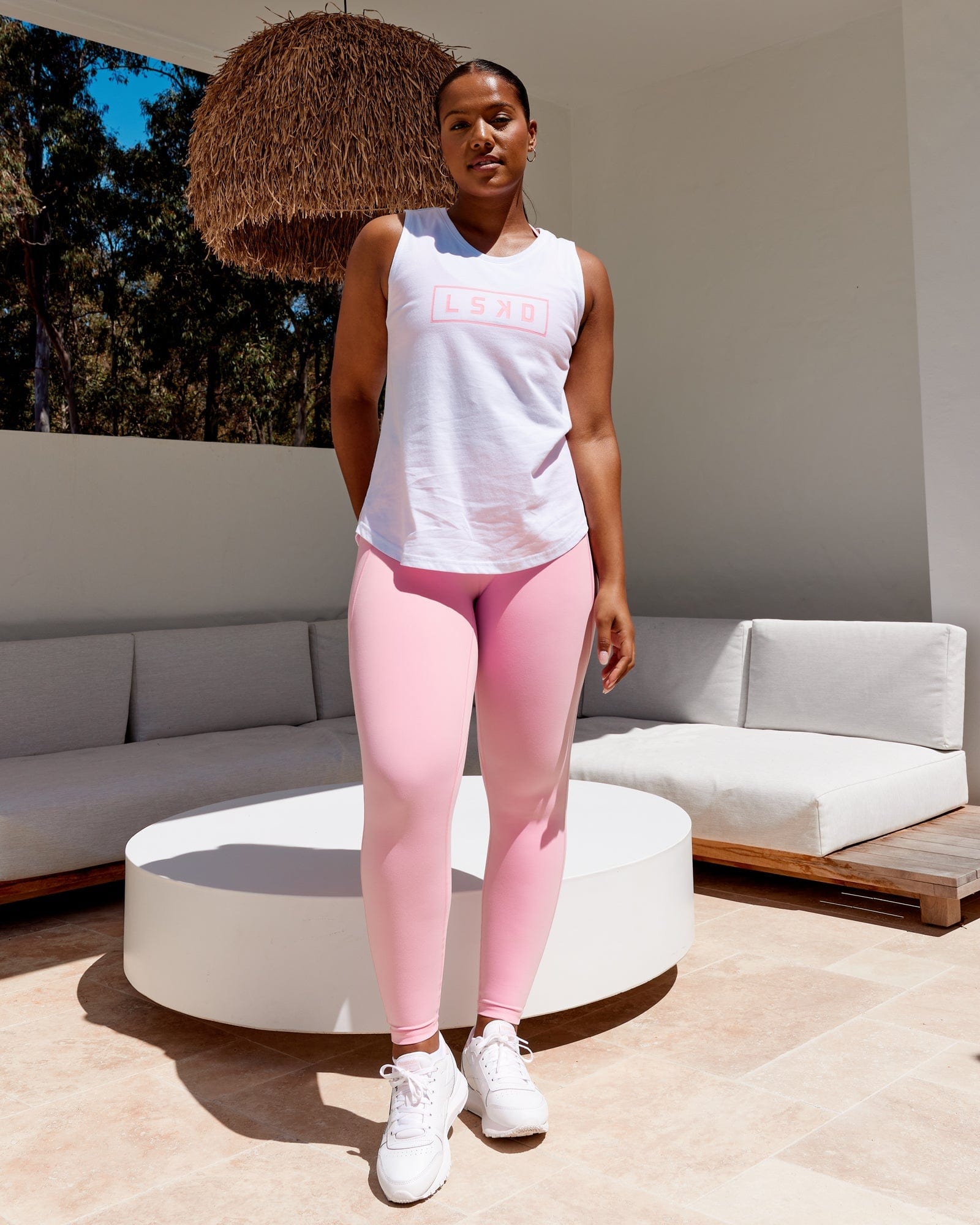 Model wearing Fusion Full Length Tight - Pink Frosting