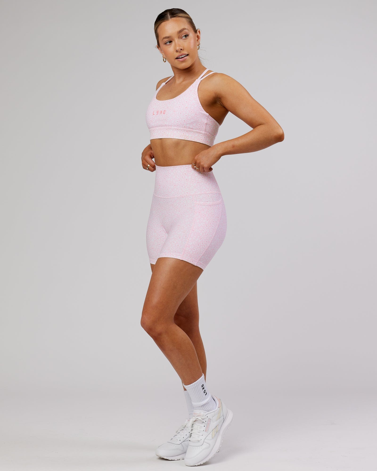 Model wearing Fusion X-Short Tight - Blush Leopard