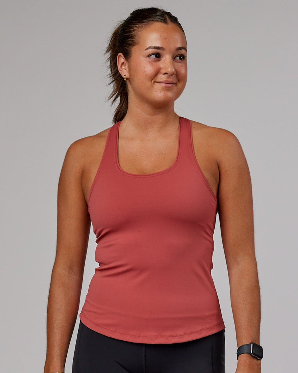 Model wearing Lift Shelf Bra Performance Tank - Marsala