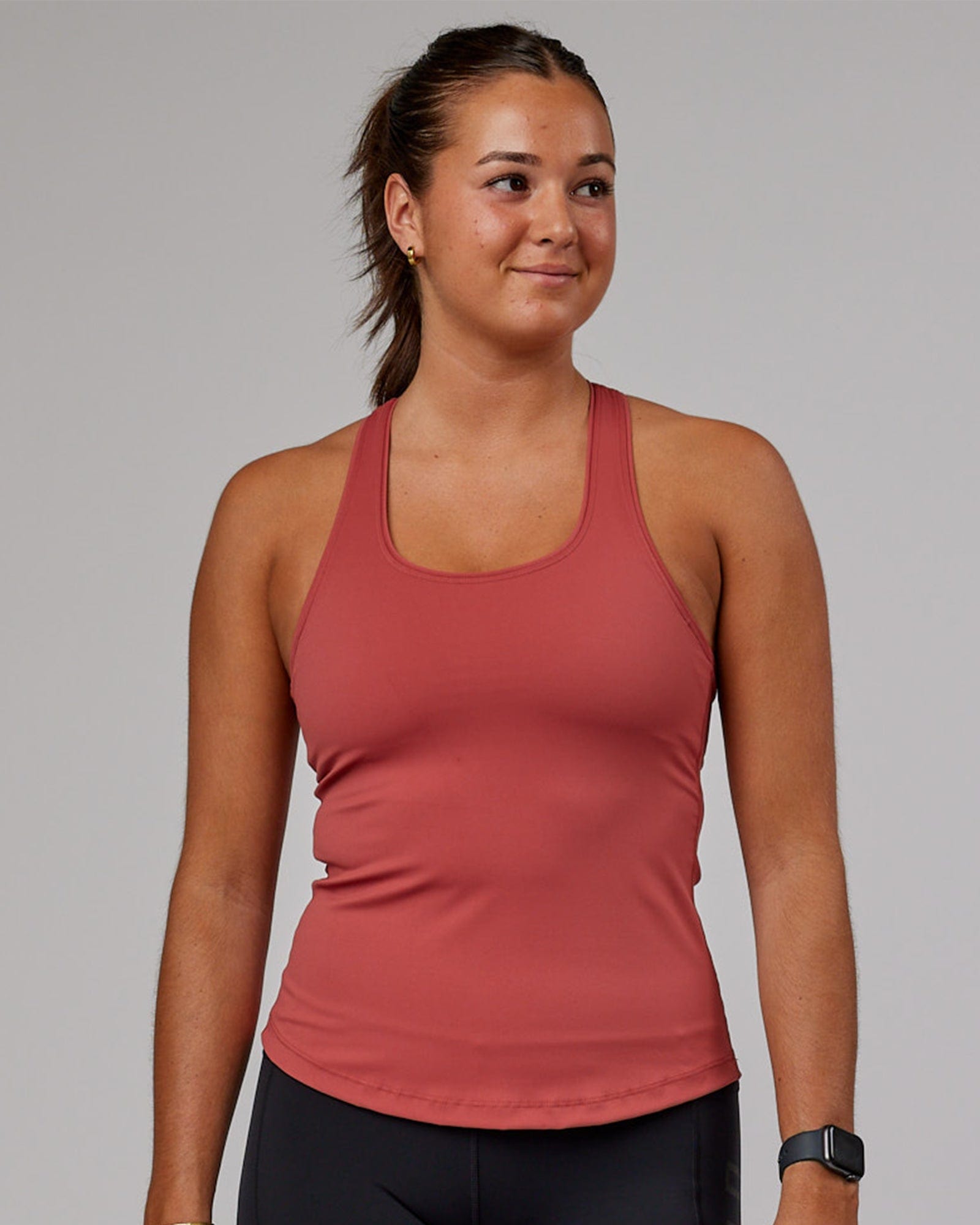 Model wearing Lift Shelf Bra Performance Tank - Marsala
