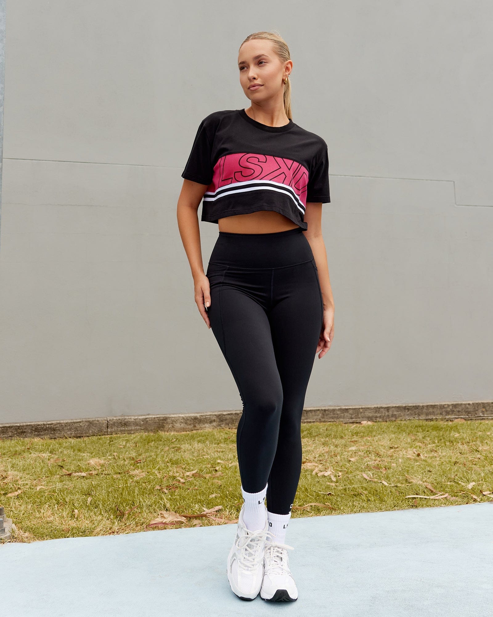 Model wearing Line-Up Cropped Tee - Black-Boysenberry