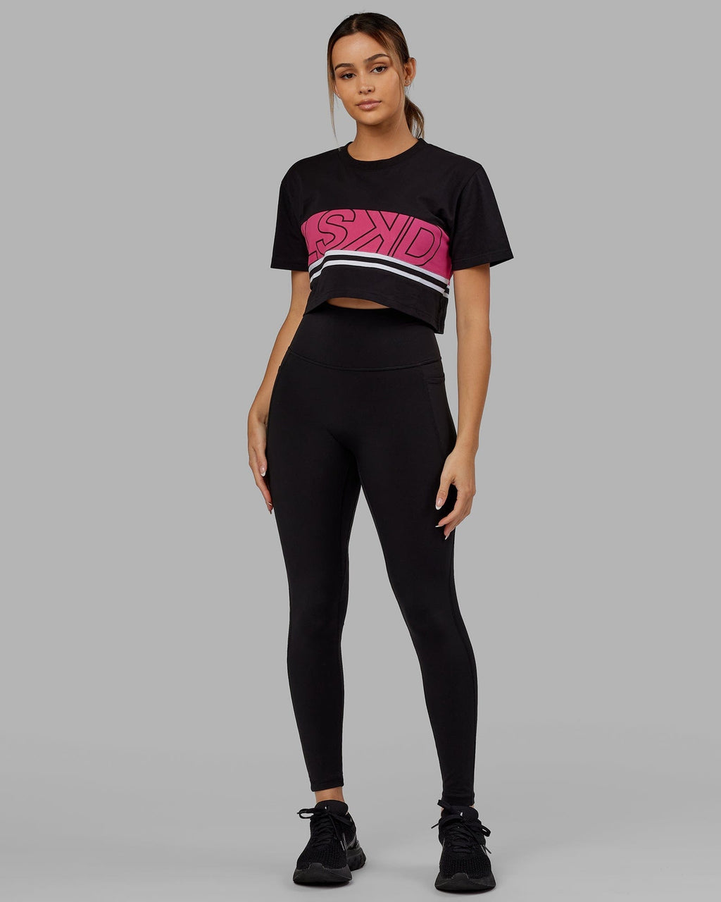 Model wearing Line-Up Cropped Tee - Black-Boysenberry