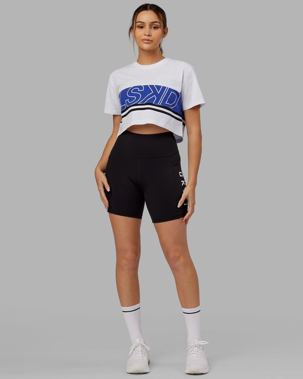 Model wearing Line-Up Cropped Tee - White-Power Cobalt