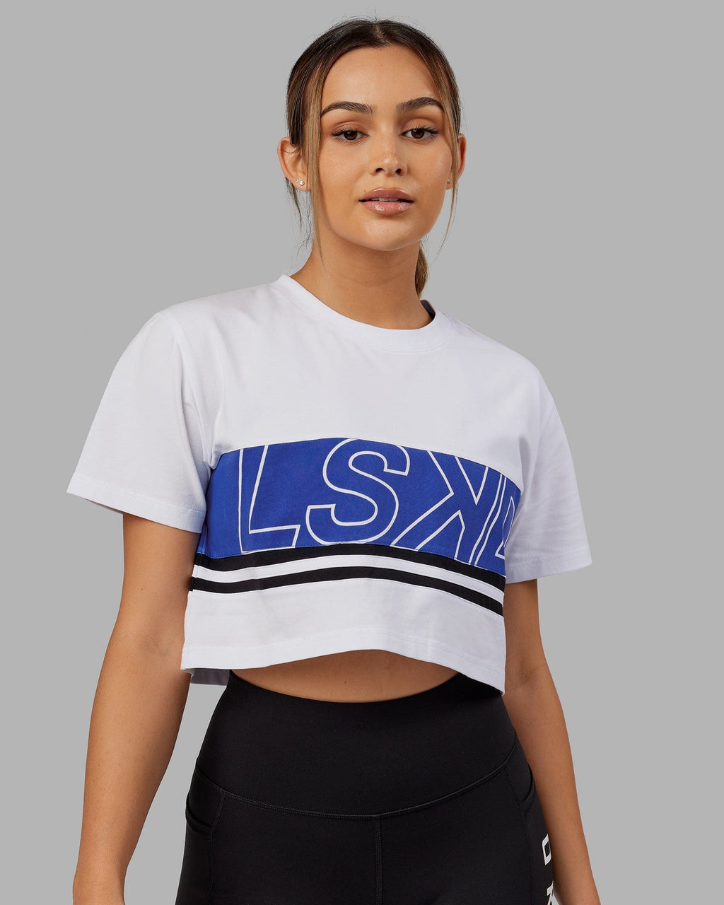 Model wearing Line-Up Cropped Tee - White-Power Cobalt
