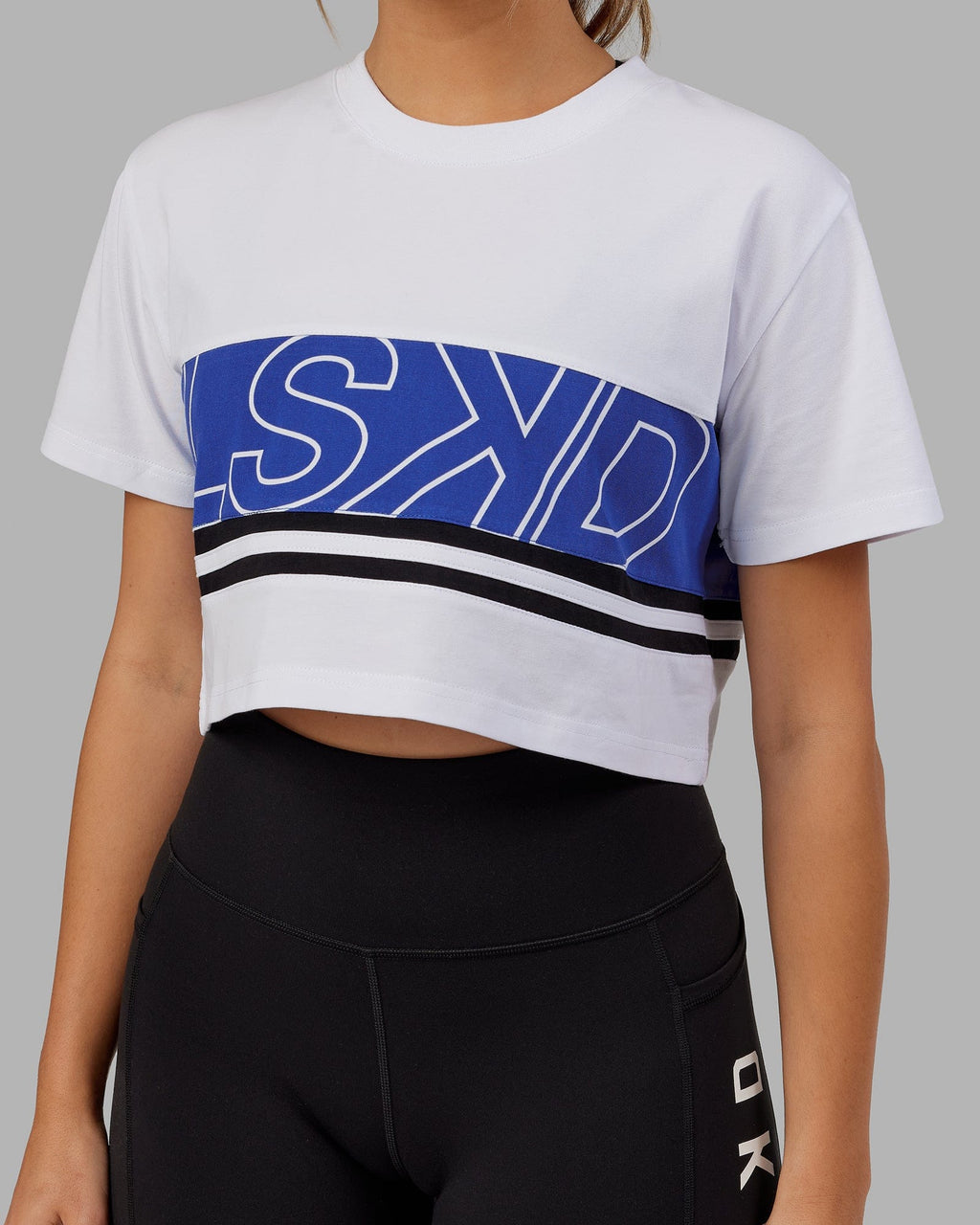 Model wearing Line-Up Cropped Tee - White-Power Cobalt