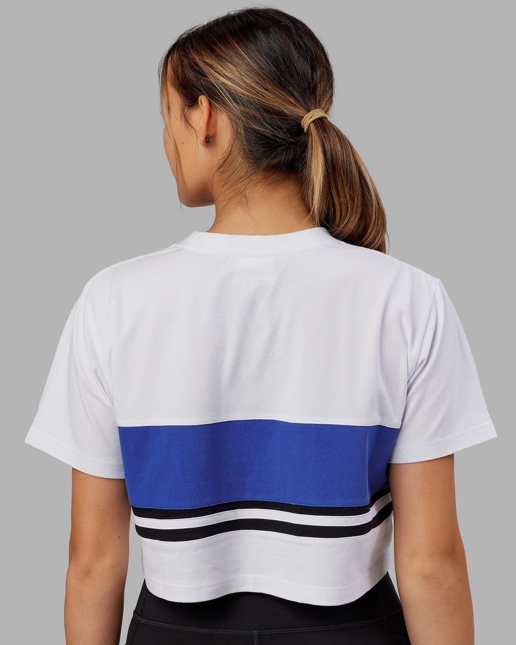 Model wearing Line-Up Cropped Tee - White-Power Cobalt