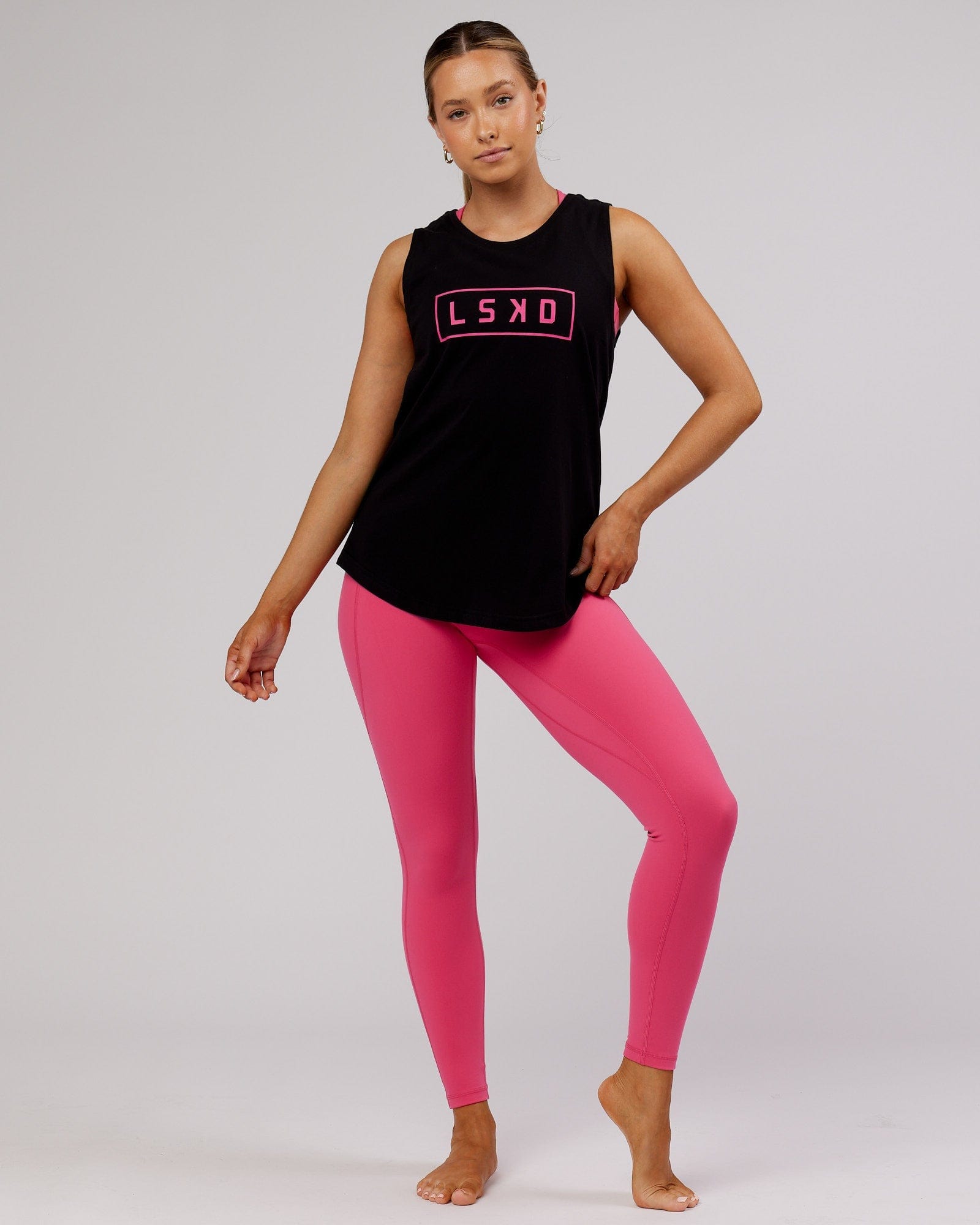 Model wearing Luna Tank - Black-Flamingo