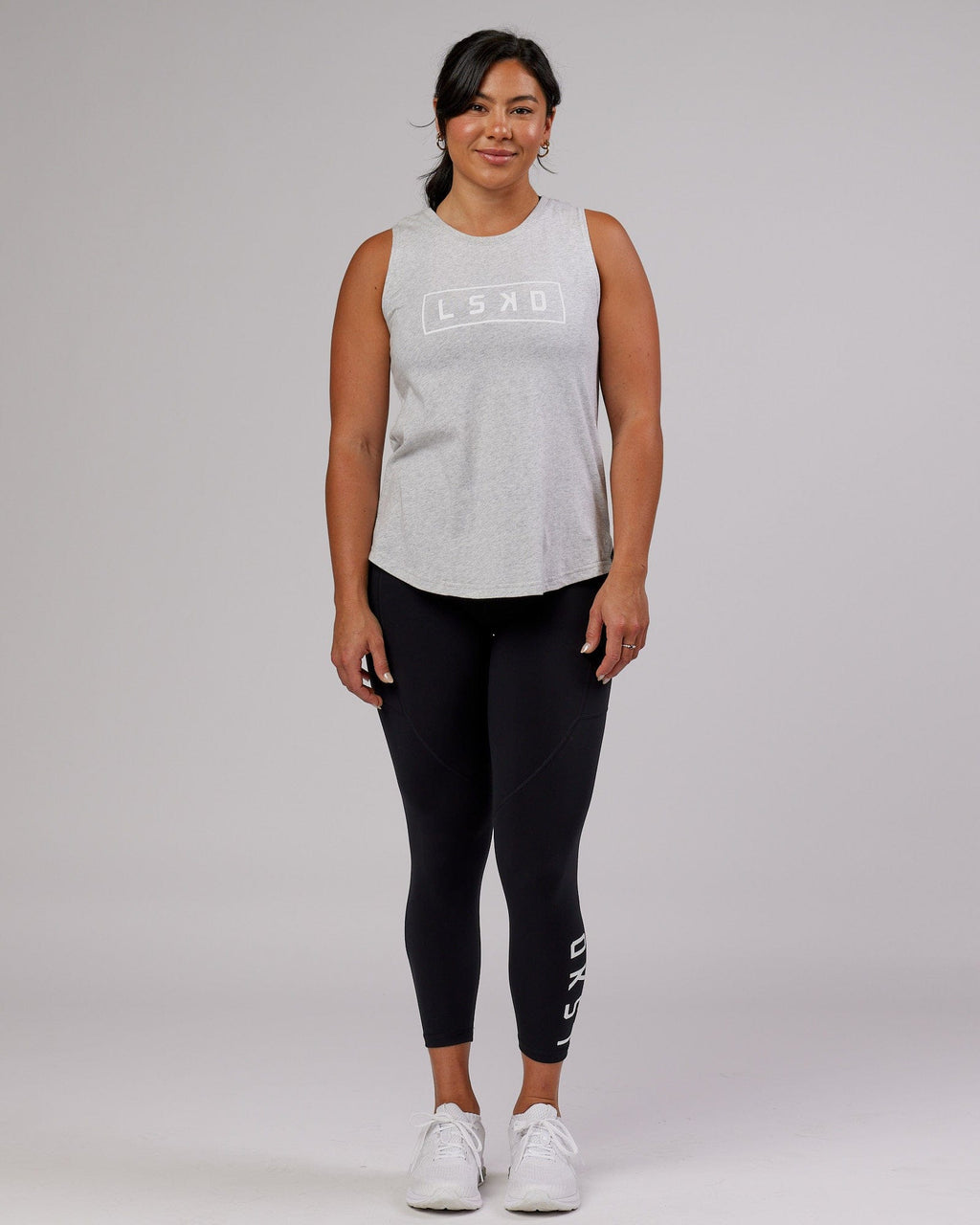 Model wearing Luna Tank - Lt Grey Marl-White