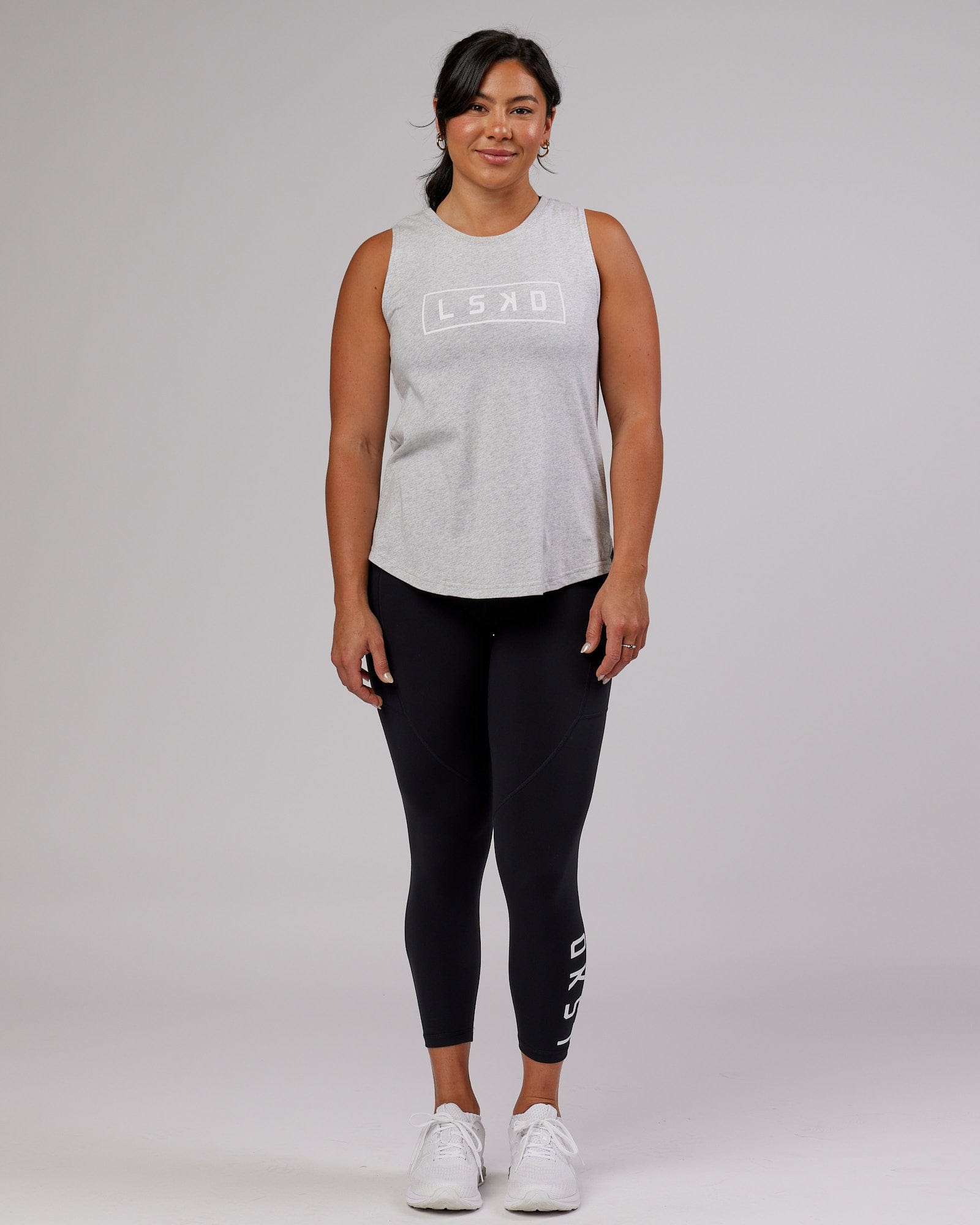 Model wearing Luna Tank - Lt Grey Marl-White