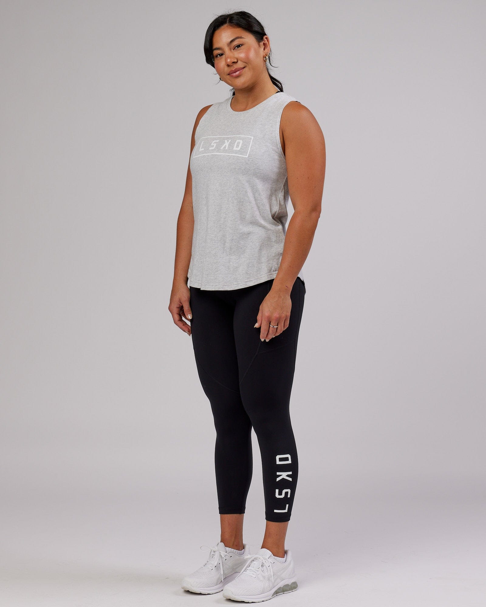 Model wearing Luna Tank - Lt Grey Marl-White