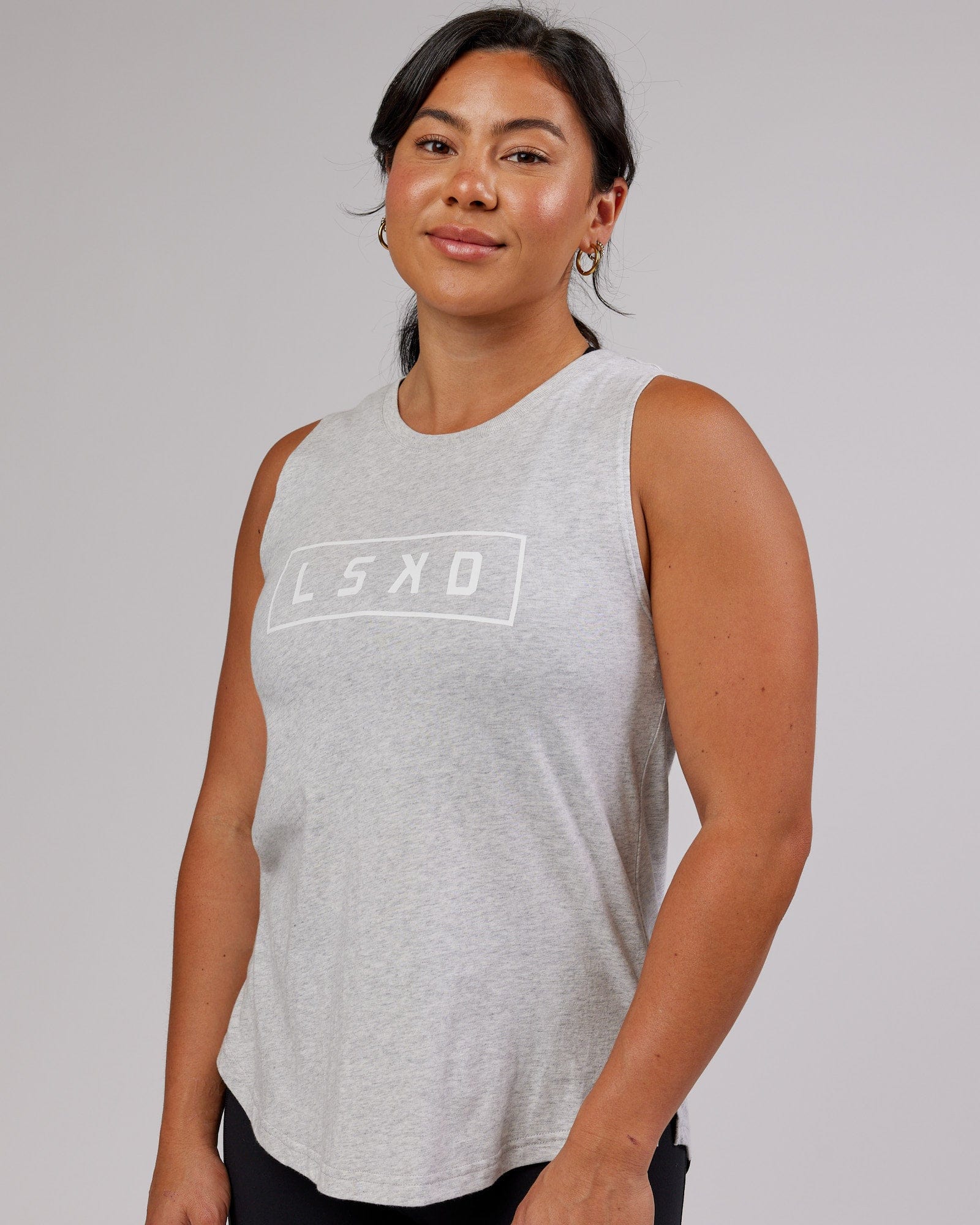 Model wearing Luna Tank - Lt Grey Marl-White