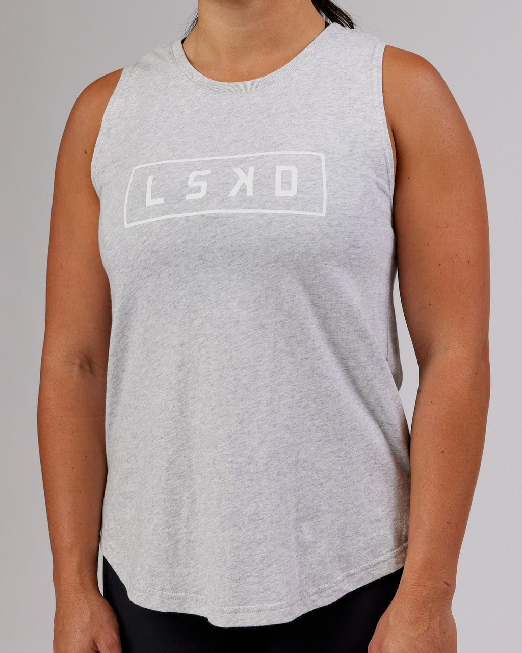 Model wearing Luna Tank - Lt Grey Marl-White