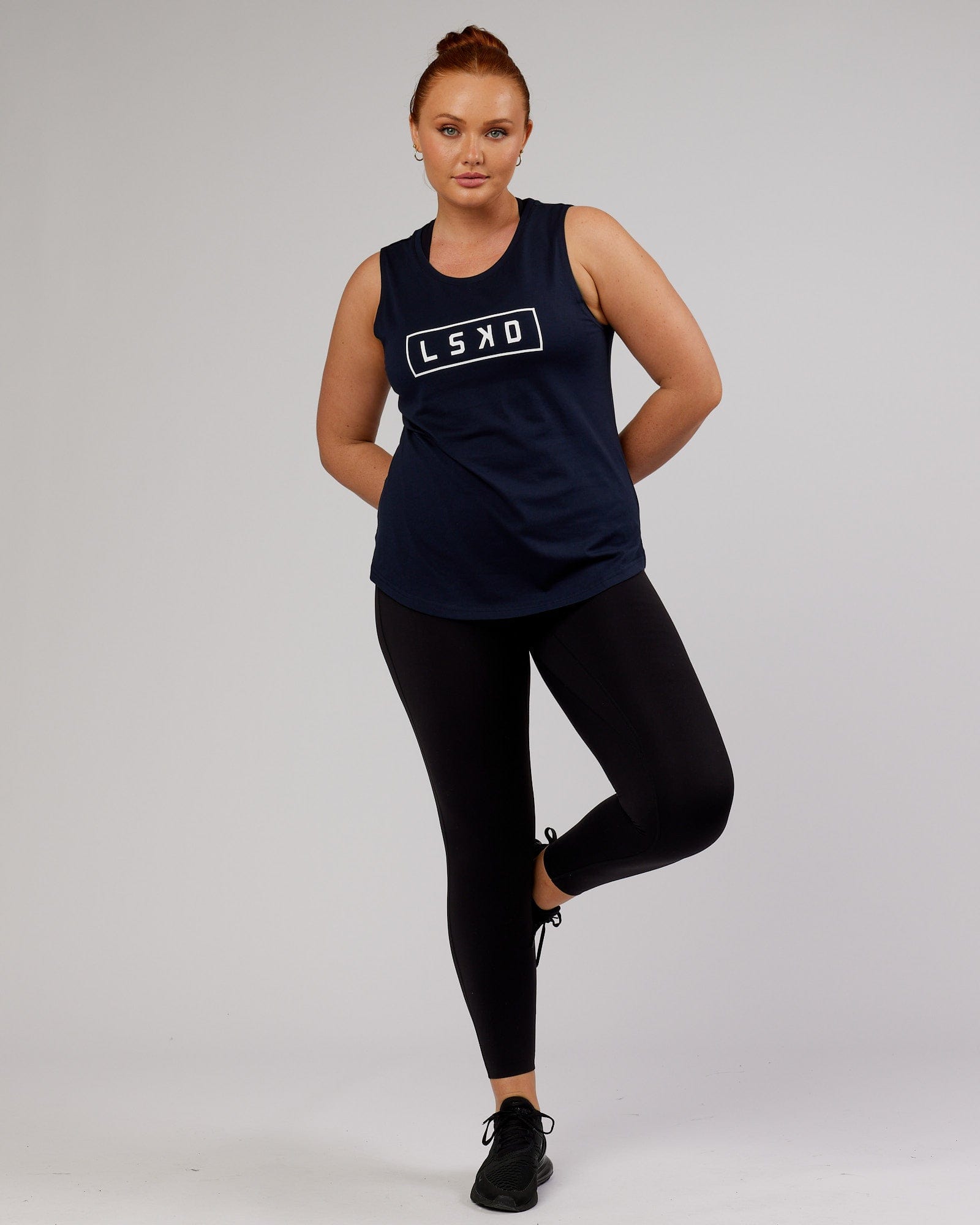 Model wearing Luna Tank - Navy-White