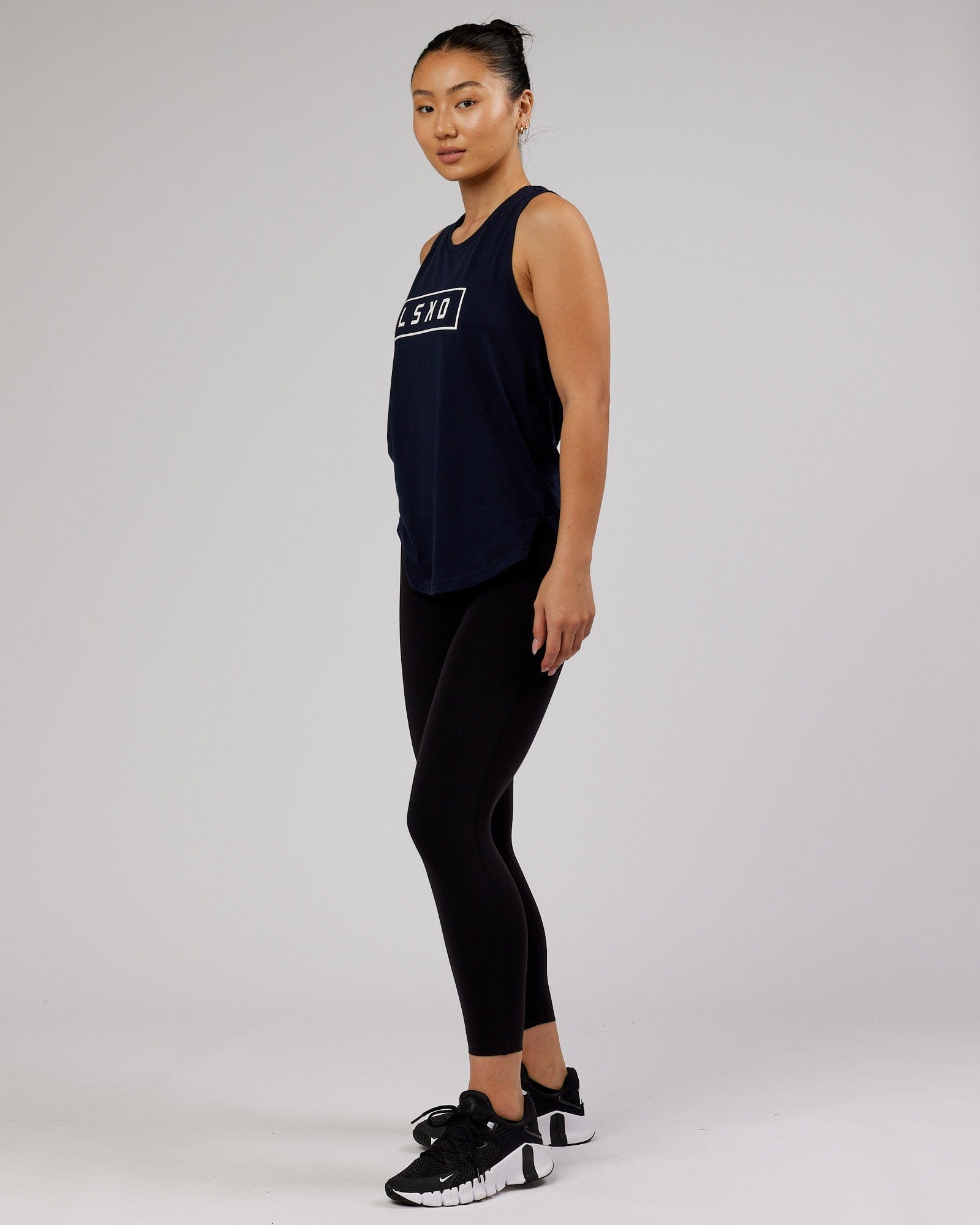 Model wearing Luna Tank - Navy-White