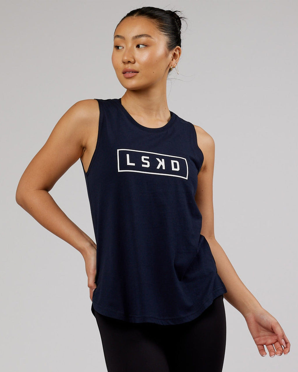 Model wearing Luna Tank - Navy-White