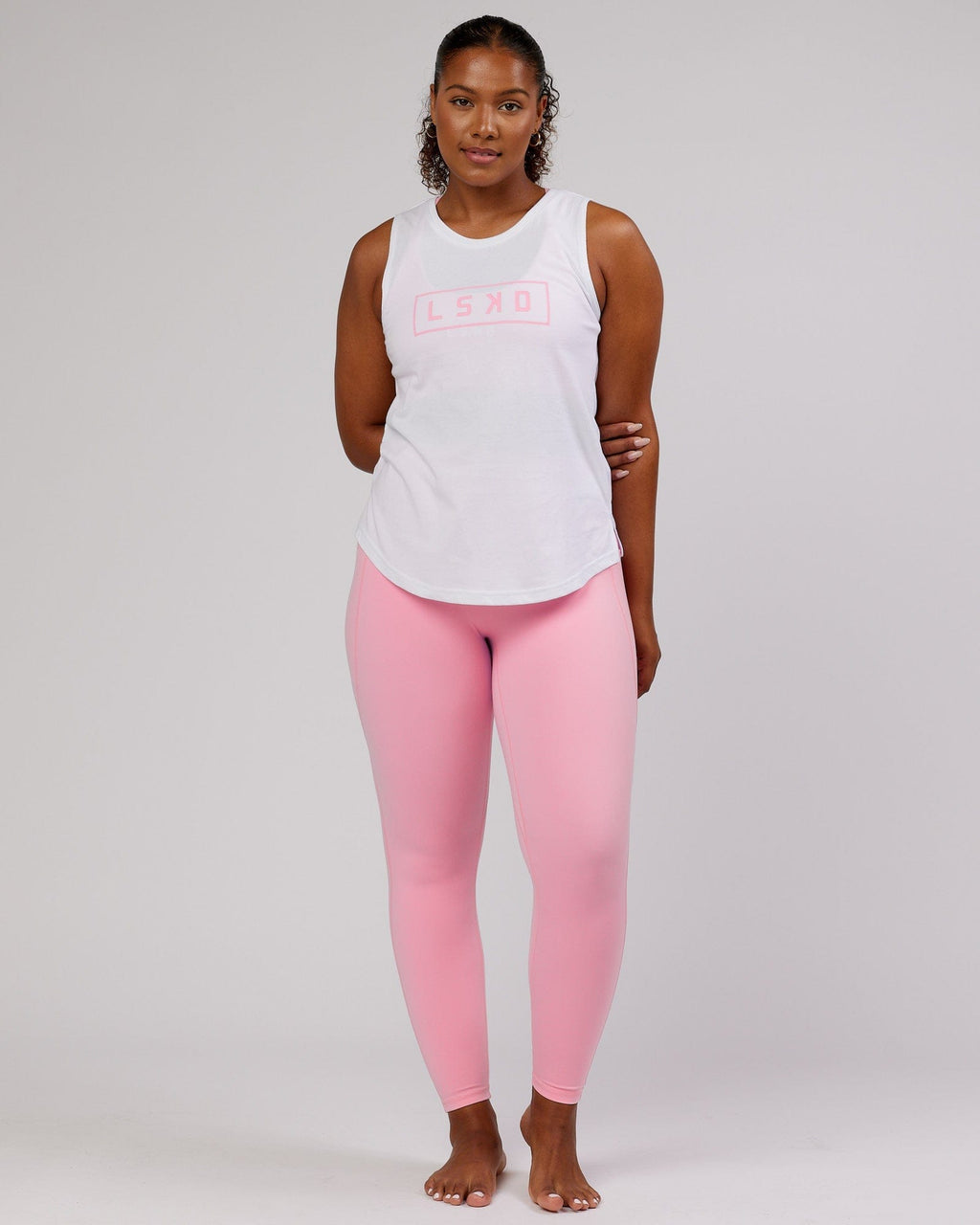 Model wearing Luna Tank - White-Pink Frosting