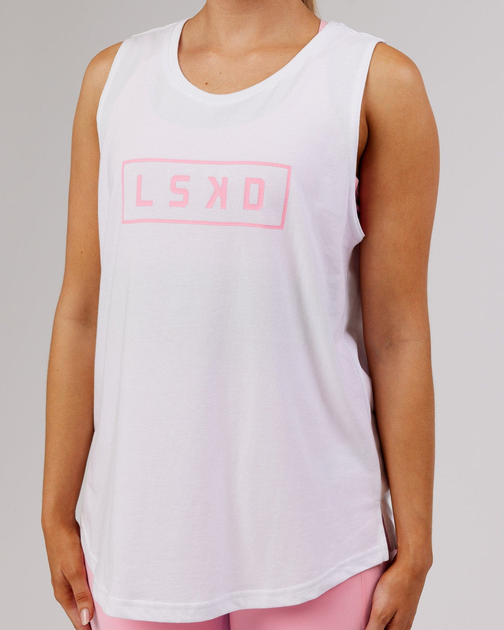 Model wearing Luna Tank - White-Pink Frosting
