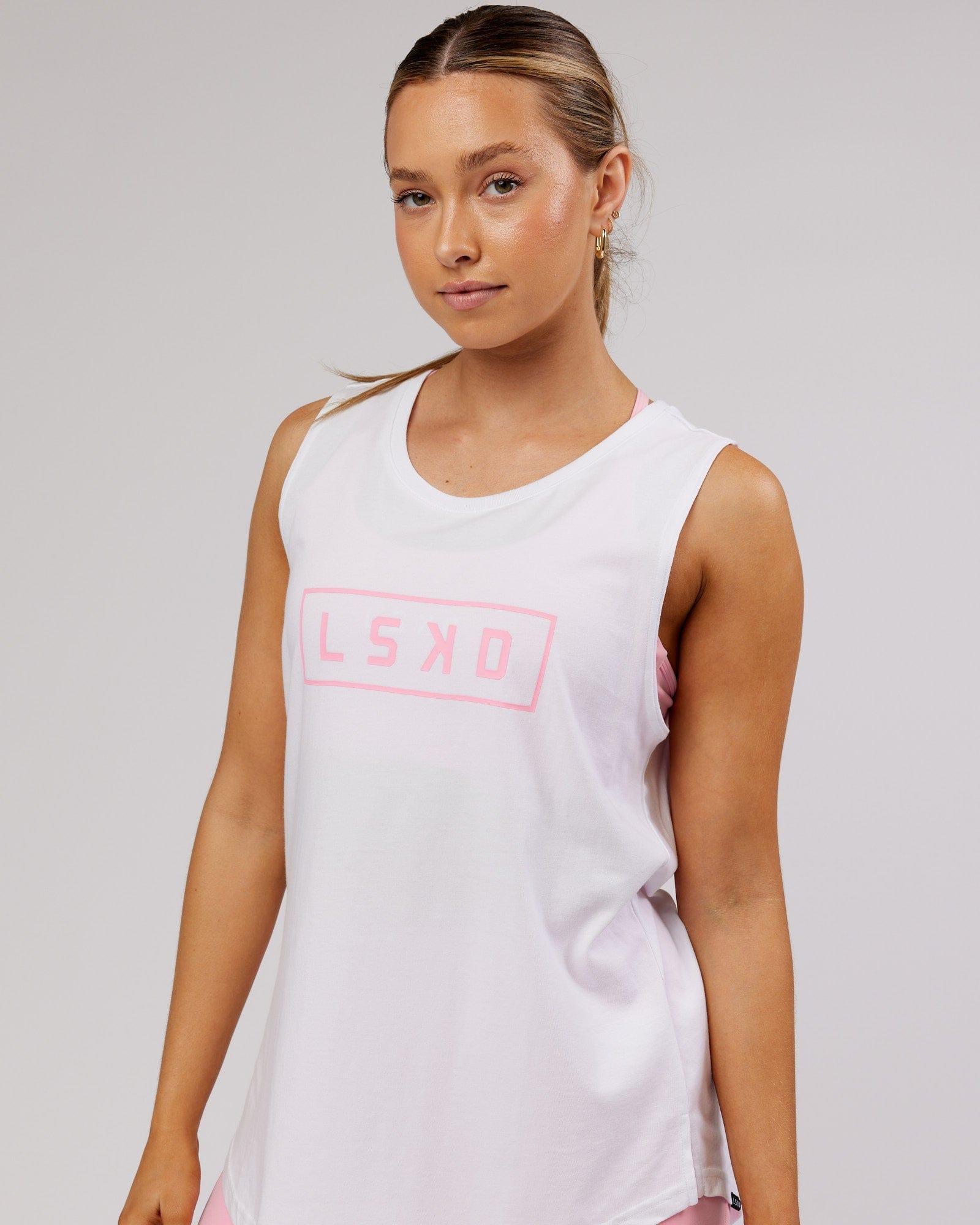 Model wearing Luna Tank - White-Pink Frosting