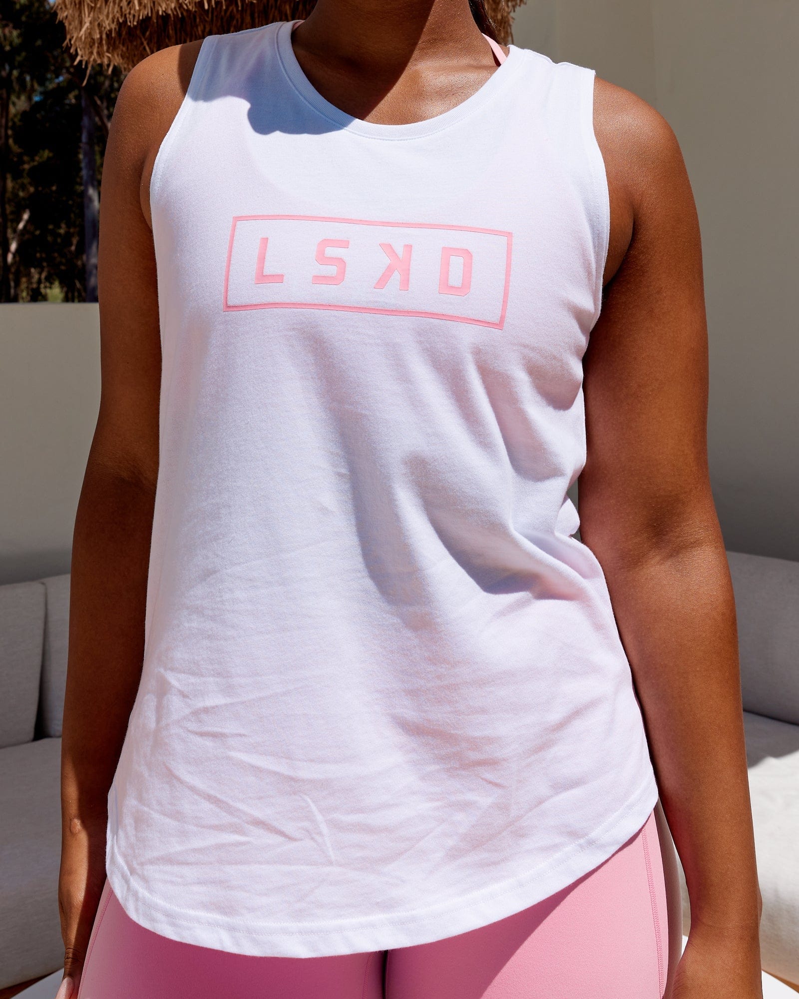 Model wearing Luna Tank - White-Pink Frosting
