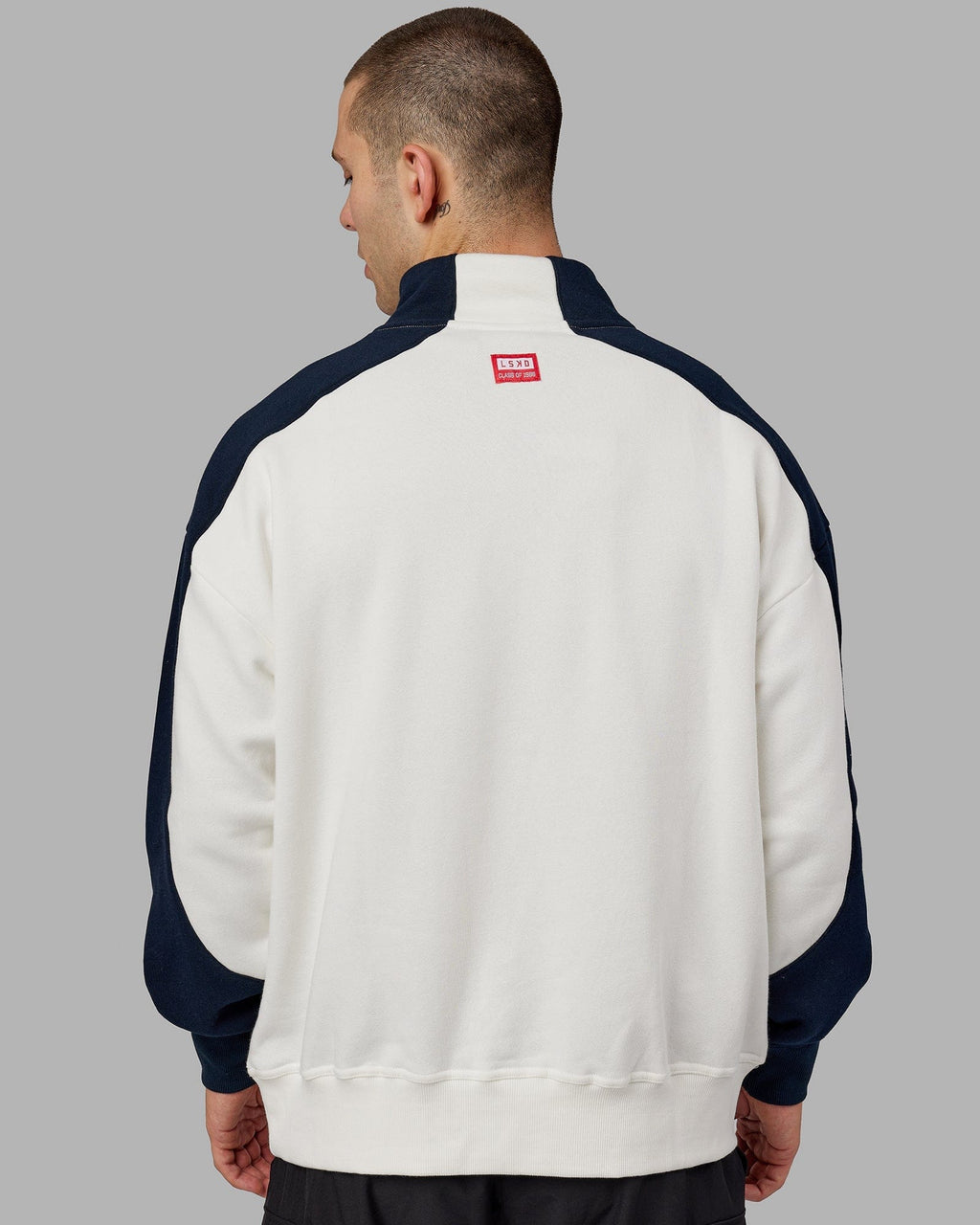 Model wearing Alumni 1/4 Zip Sweater Oversize - Navy-Red