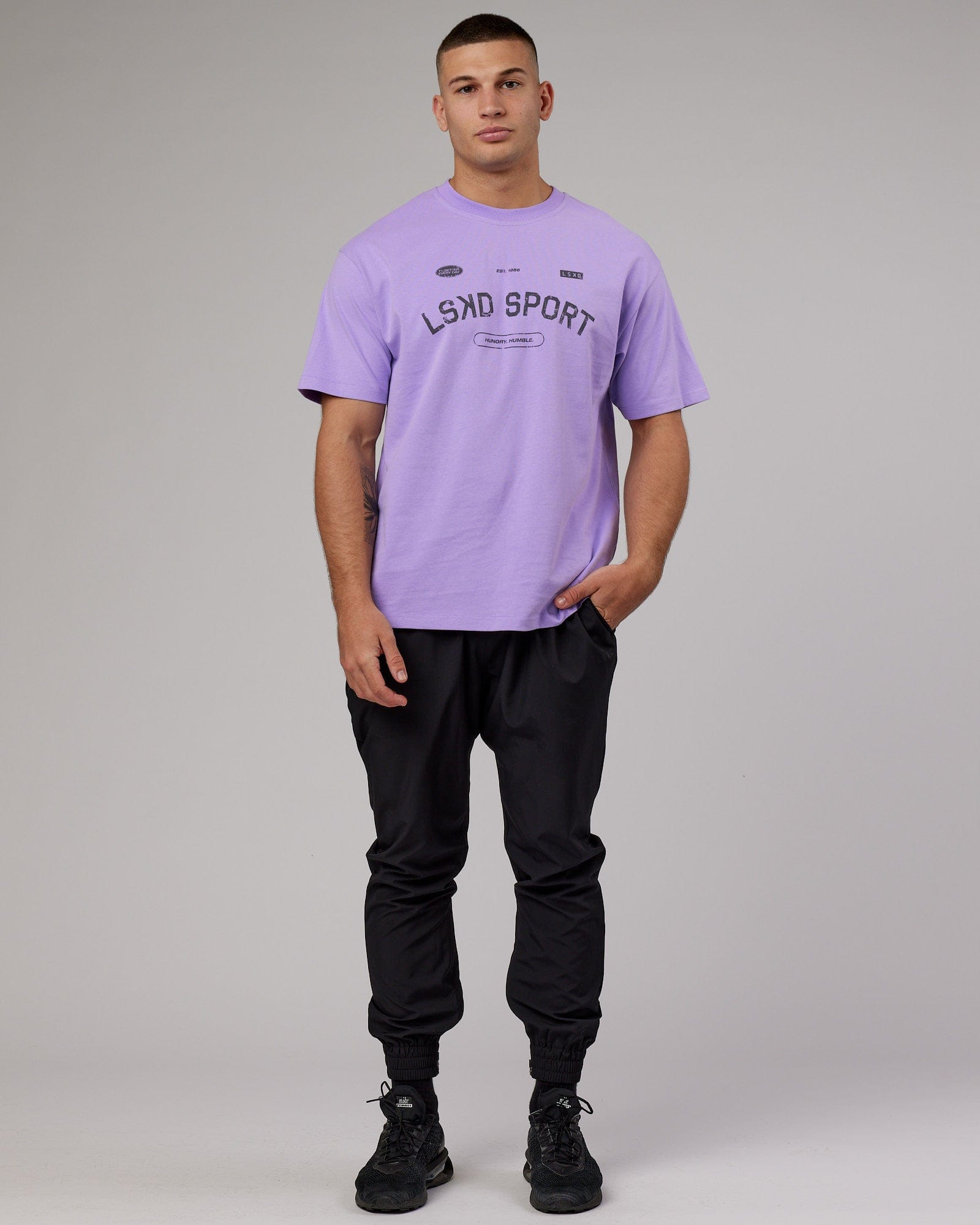 Model wearing Free Throw Heavyweight Tee Oversize - Peak Purple